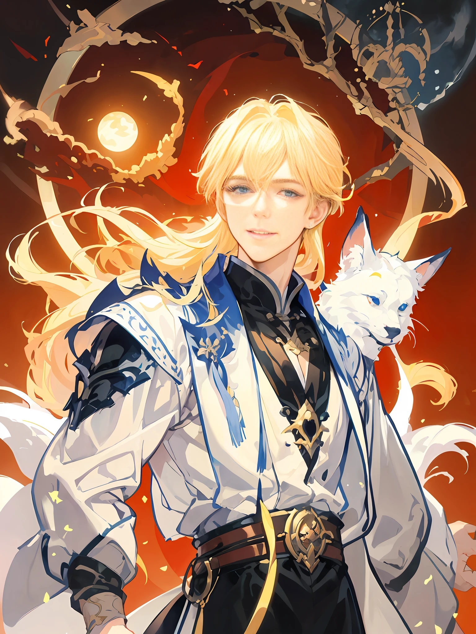 Man image，With a smile，The expression is vivid，portrait of magical blond prince, handsome guy in demon killer art, Inspired by Bian Shoumin, Beautiful androgynous prince, inspired by Yang Jin, by Yang J, casimir art, Detailed fanart, Anime fantasy illustration, highly detailed exquisite fanart, Handsome celestial mage, Two-dimensional anime in fantasy style