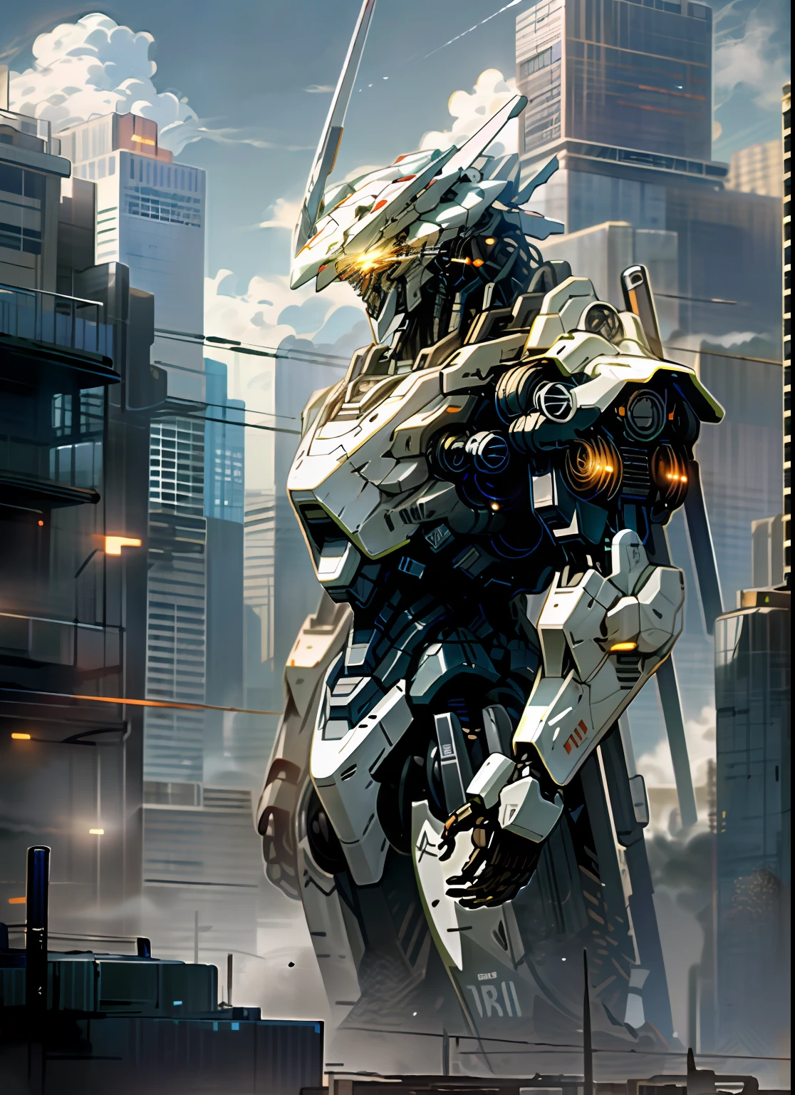 (The real city of science fiction, modernn architecture, The Glowieyed robot is armed with a weapon, Futuristic mecha style, Distant cloud and sky background),Mecha inspiration