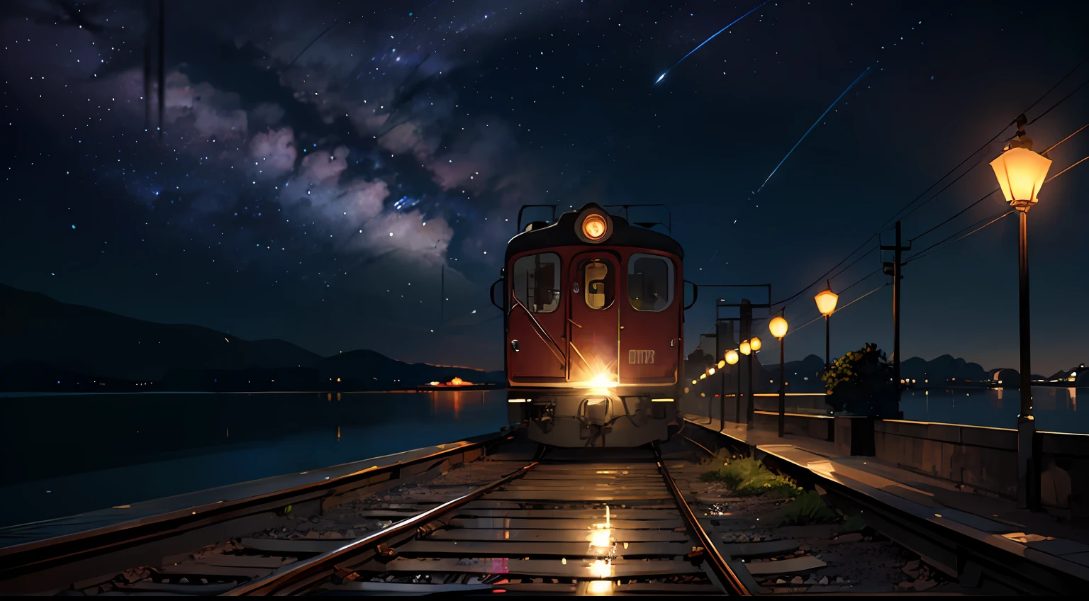 High quality masterpiece, landscape, anime train passing through bodies of water on tracks, bright starry sky. Romantic train, pixiv, concept art, lofi art style, reflection. by Makoto Shinkai, lofi art, Beautiful anime scene, Anime landscape, detailed scenery —width 672, in style of Makoto shinkai, style of Makoto shinkai, enhanced details.