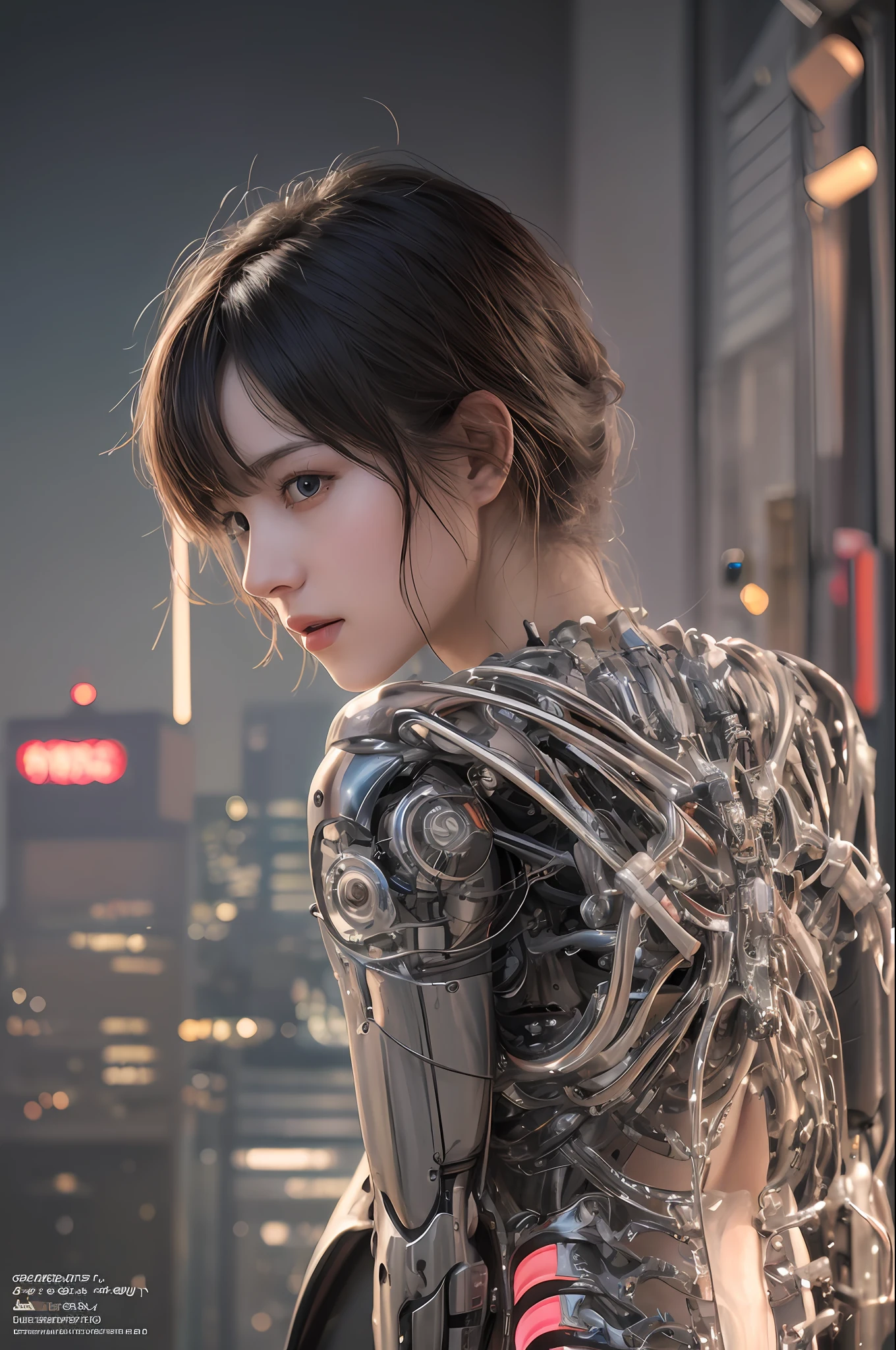 Top Quality, Masterpiece, Ultra High Resolution, (Photorealistic: 1.4), Raw Photo, 1 cyberpunk Girl, Black Hair, Glossy Skin, 1 Mechanical Girl, (Ultra Realistic Detail)), Full body, Global Illumination, Contrast, Shadows, Octane Rendering, 8K, Ultra Sharp, Cleavage Exposed, Raw Skin, Metal, Intricate Ornament Details, Japan Details, Very intricate details, realistic light, CGSoation trend, facing the camera, neon details, mechanical limbs, blood vessels connected to the tube, mechanical vertebrae attached to the back, mechanical cervical attachment to the neck, wires and cables connecting to the head, gundam, small LED lamps.