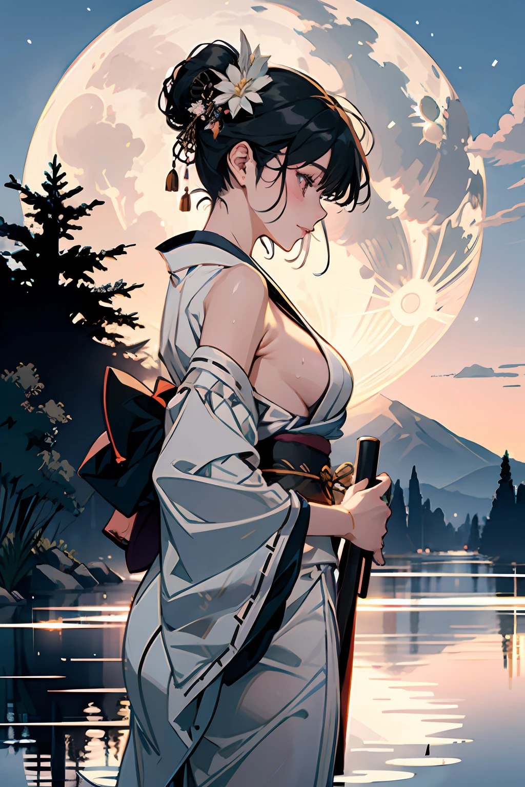 1girl, breasts, moon, lantern, night, solo, large breasts, hair ornament, wet, kimono, japanese clothes, wading, water, hair flower, flower, outdoors, sky, full moon, rain, black hair, off shoulder, mountain, cloud, holding, sash, bare shoulders, paper lantern, standing, white kimono, night sky, sideboob, obi, wet clothes, bangs, tree, from side, reflection, short hair, cloudy sky, wet hair (((masterpiece),(extremely detailed CG unity 8k wallpaper),best quality,,solo,1girl,cinematic lighting,detailed background,beautiful detailed eyes,bright pupils, (an extremely delicate and beautiful),(Beautiful and detailed eye description), ultra-detailed,masterpiece,)),