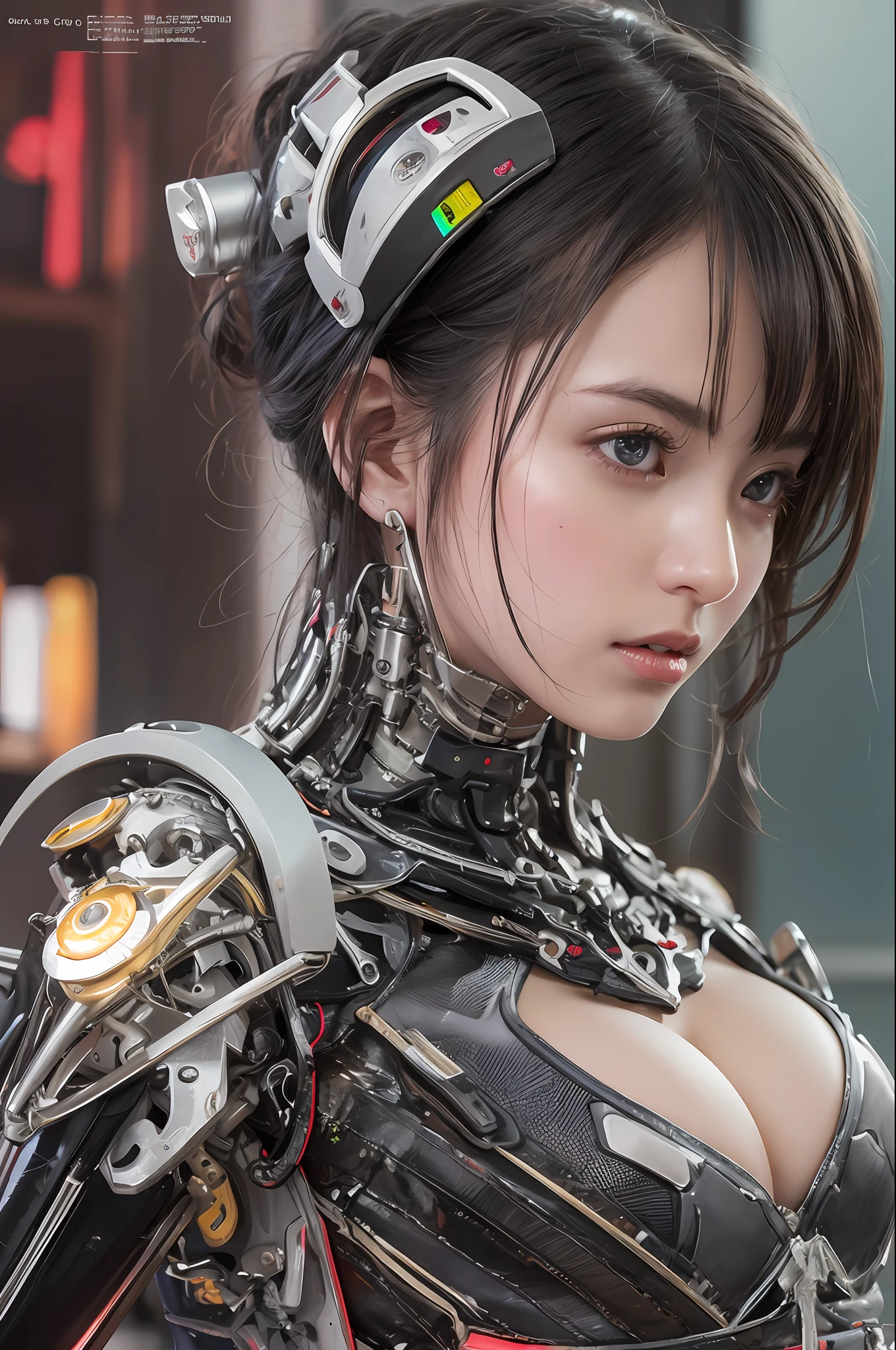 Top Quality, Masterpiece, Ultra High Resolution, (Photorealistic: 1.4), Raw Photo, 1 cyberpunk Girl, Black Hair, Glossy Skin, 1 Mechanical Girl, (Ultra Realistic Detail)), Full body, Global Illumination, Contrast, Shadows, Octane Rendering, 8K, Ultra Sharp, Cleavage Exposed, Raw Skin, Metal, Intricate Ornament Details, Japan Details, Very intricate details, realistic light, CGSoation trend, facing the camera, neon details, mechanical limbs, blood vessels connected to the tube, mechanical vertebrae attached to the back, mechanical cervical attachment to the neck, wires and cables connecting to the head, gundam, small LED lamps.