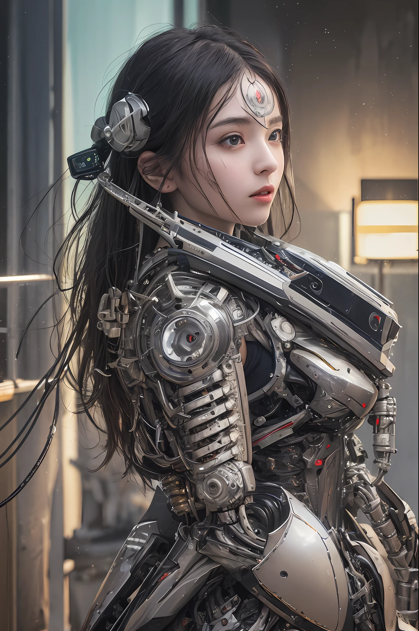 Top Quality, Masterpiece, Ultra High Resolution, (Photorealistic: 1.4), Raw Photo, 1 cyberpunk Girl, Black Hair, Glossy Skin, 1 Mechanical Girl, (Ultra Realistic Detail)), Full body, Global Illumination, Contrast, Shadows, Octane Rendering, 8K, Ultra Sharp, Cleavage Exposed, Raw Skin, Metal, Intricate Ornament Details, Japan Details, Very intricate details, realistic light, CGSoation trend, facing the camera, neon details, mechanical limbs, blood vessels connected to the tube, mechanical vertebrae attached to the back, mechanical cervical attachment to the neck, wires and cables connecting to the head, gundam, small LED lamps.