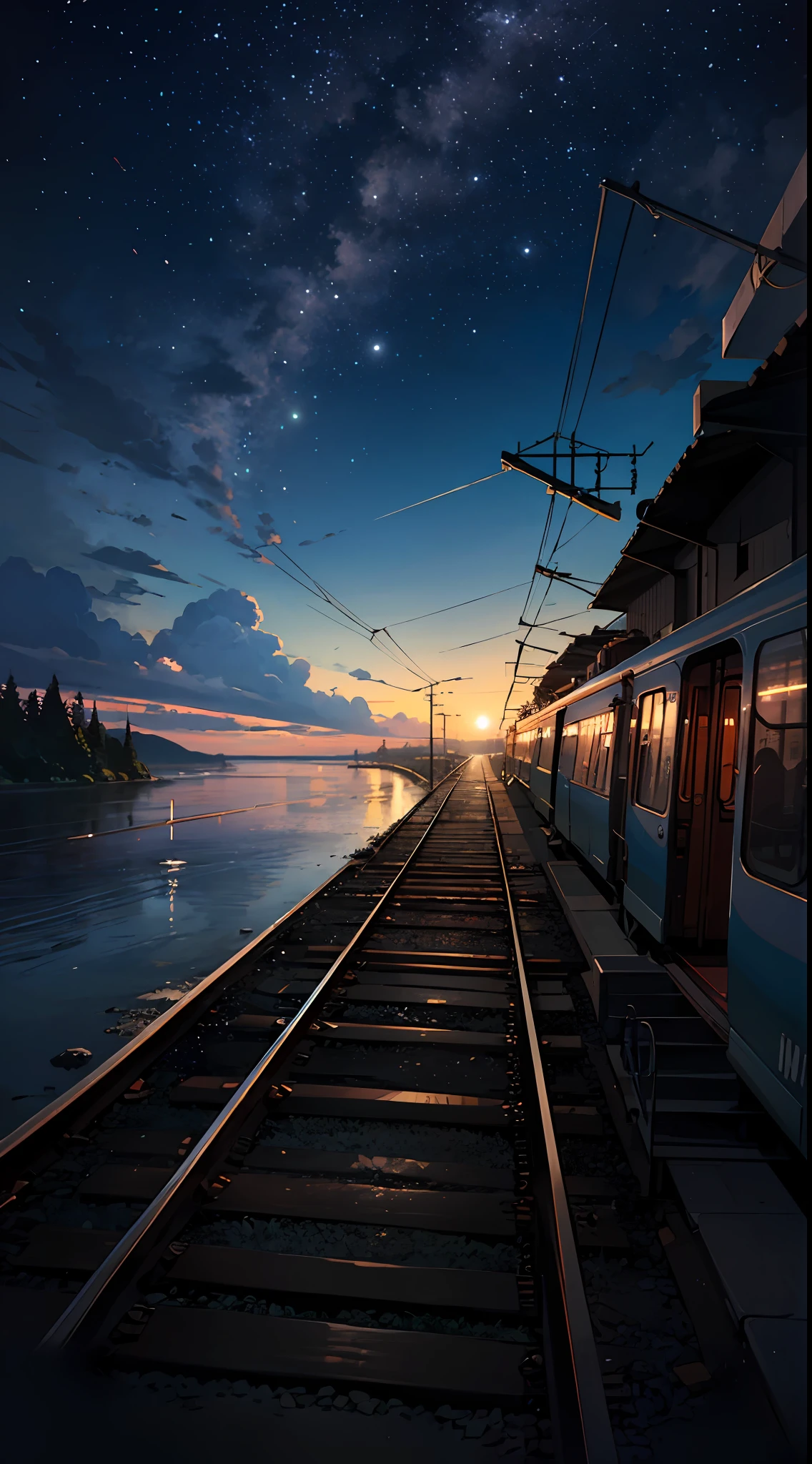 High quality masterpiece, landscape, anime train passing through bodies of water on tracks, bright starry sky. Romantic train, pixiv, concept art, lofi art style, reflection. by Makoto Shinkai, lofi art, Beautiful anime scene, Anime landscape, detailed scenery —width 672, in style of Makoto shinkai, style of Makoto shinkai, enhanced details.