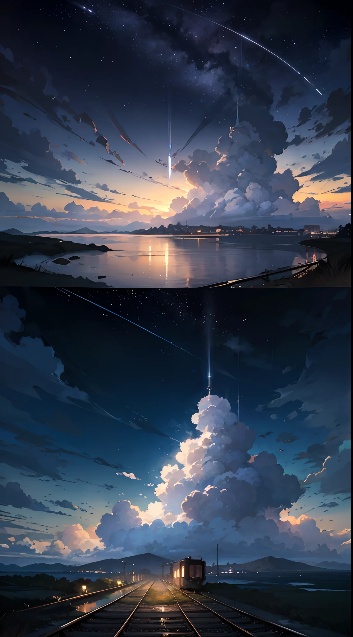 High quality masterpiece, landscape, anime train passing through bodies of water on tracks, bright starry sky. Romantic train, pixiv, concept art, lofi art style, reflection. by Makoto Shinkai, lofi art, Beautiful anime scene, Anime landscape, detailed scenery —width 672, in style of Makoto shinkai, style of Makoto shinkai, enhanced details.