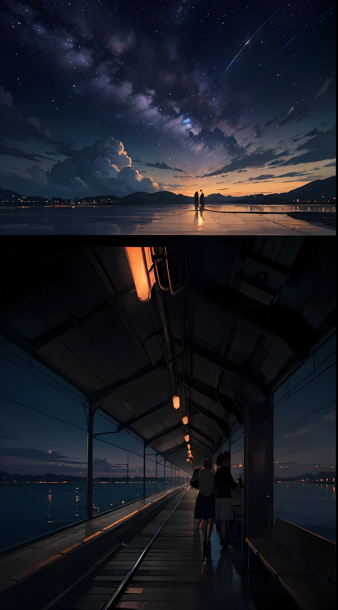 High quality masterpiece, landscape, anime train passing through bodies of water on tracks, bright starry sky. Romantic train, pixiv, concept art, lofi art style, reflection. by Makoto Shinkai, lofi art, Beautiful anime scene, Anime landscape, detailed scenery —width 672, in style of Makoto shinkai, style of Makoto shinkai, enhanced details.
