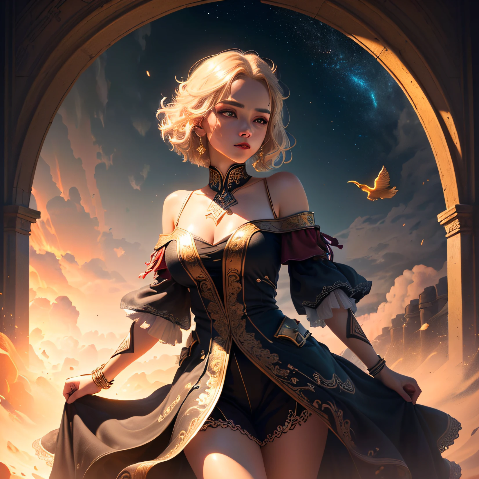 (extremely detailed CG unity 8k wallpaper, masterpiece, best quality, ultra-detailed), (best illumination, best shadow, an extremely delicate and beautiful), floating, high resolution, 

[(dynamic angle, (Cleopatra), queenly presence, royal pose, detailed and beautiful makeup, golden jewelry, exotic headdress, (black hair+braids+beads:1.2+head chain), detailed and beautiful eyes, red lips, (skin glow:1.1), adorned nails), :0.9],

[(tomb scenery, mystery atmosphere, hieroglyphics, sandstone texture, temple pillars, golden lights, theatrical shadows), :0.6]