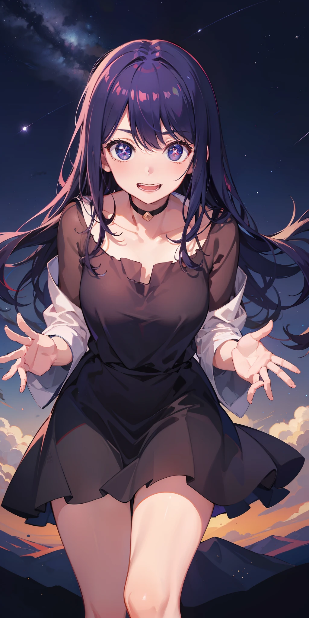 Ai Hoshino,In the starry sky,outside,watching the stars,grin face,Absolutely beautiful,tmasterpiece,4K