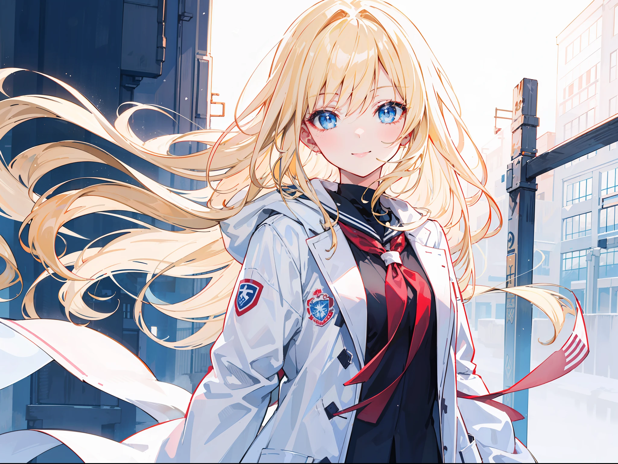 "Warm morning atmosphere, stunning 4k artwork featuring a confident one girl with flowing tied up light-blonde hair. Very sharp glow blue eyes. She was wearing white school Coat. And stand with a warm smile"
