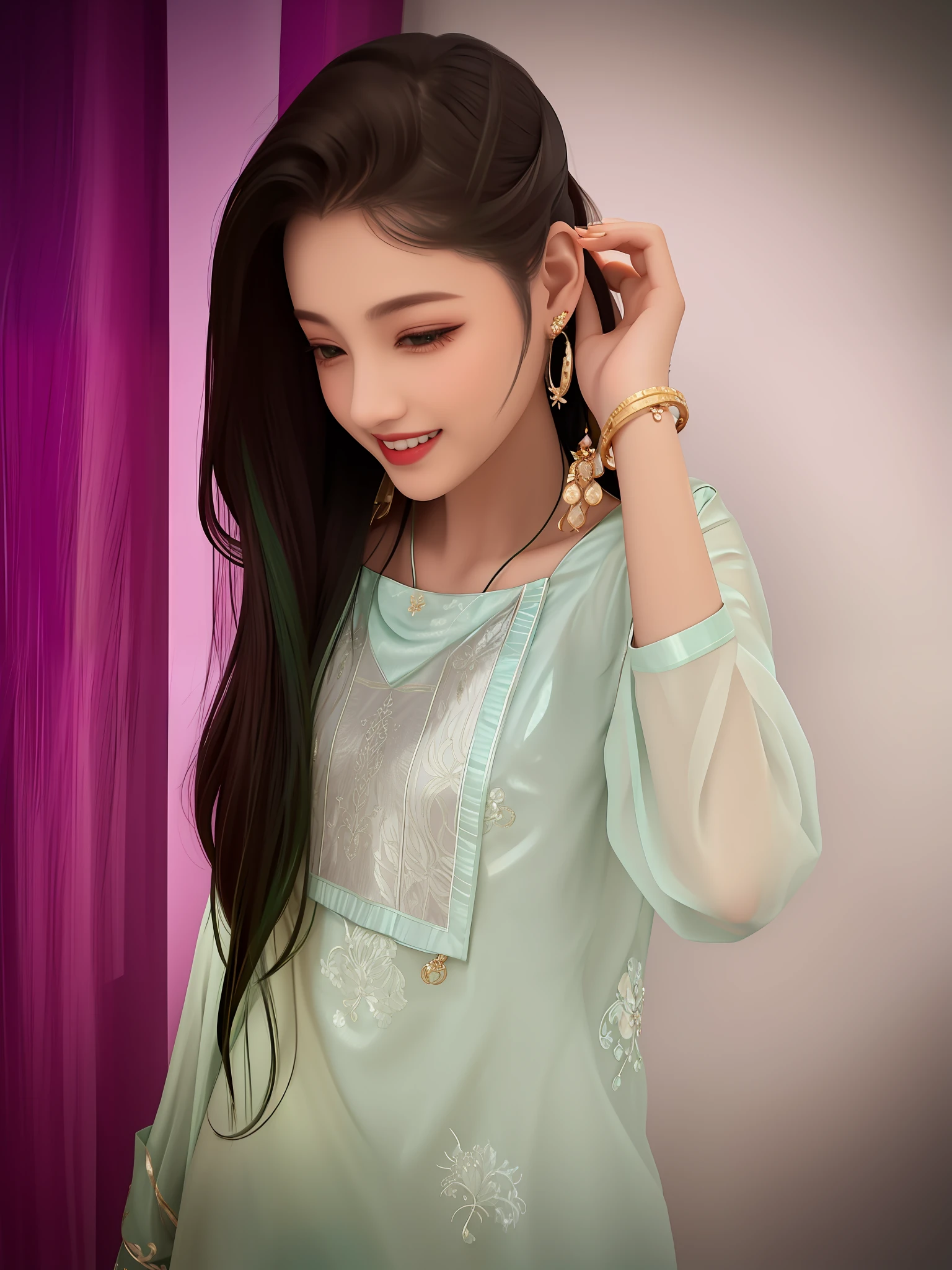 arafed woman in a green dress with a pair of earrings, wearing a silk kurta, wearing a kurta, sea - green and white clothes, with small studded earings, earing a shirt laughing, wearing a designer top, wearing intricate, wearing an elegant tribal outfit, wearing a cute top, with lovely look, green tunic, wearing beautiful clothes