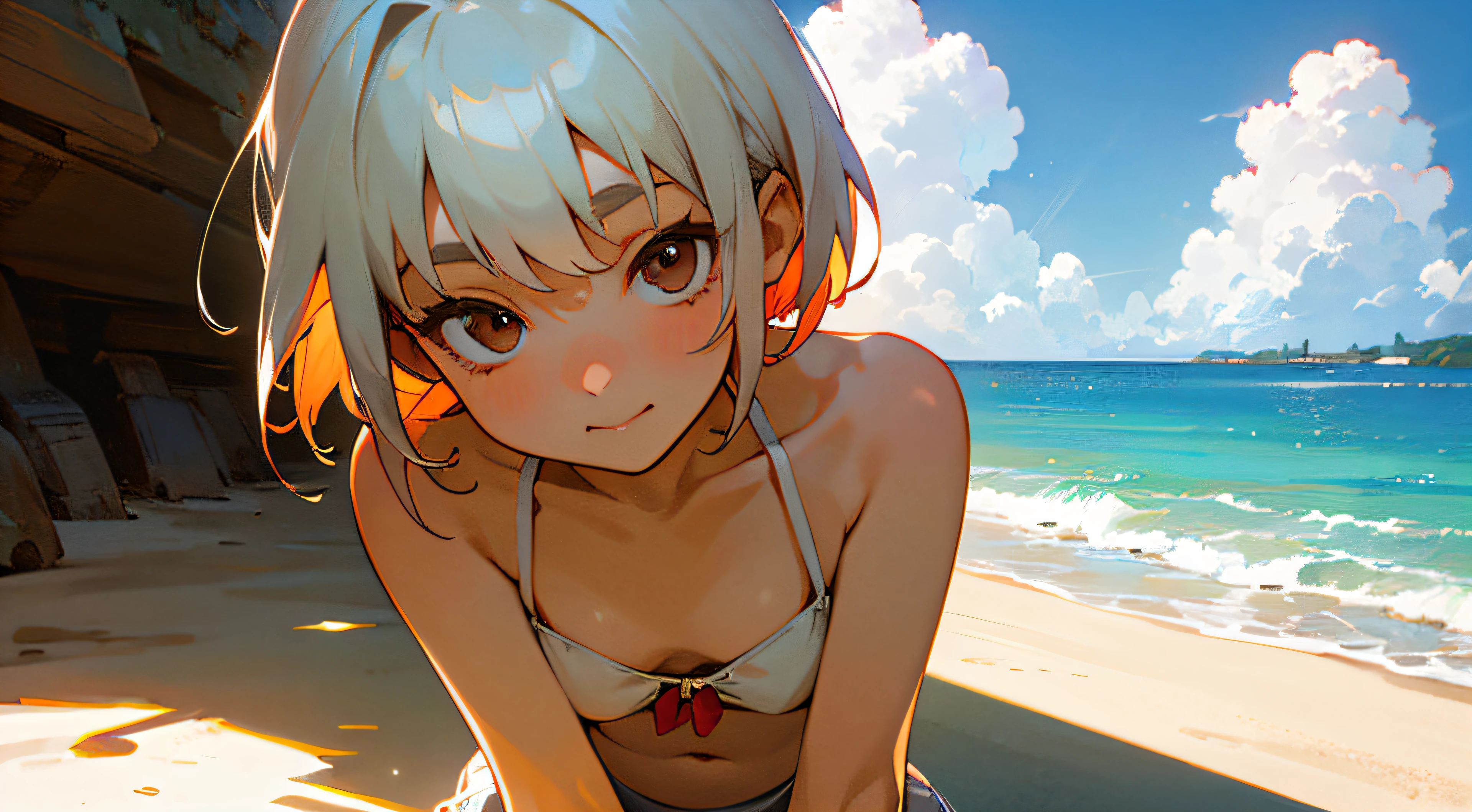 16 yaers old，s girl，The upper part of the body，White and red top，short detailed hair，solo person，White color hair，夏天，beachside，baiyun，Positive side face，surrealism, shadowing, anaglyph, stereograms, tachi-e, angle of view, Atmospheric perspective, 8K, Super detail, ccurate, Best quality --auto