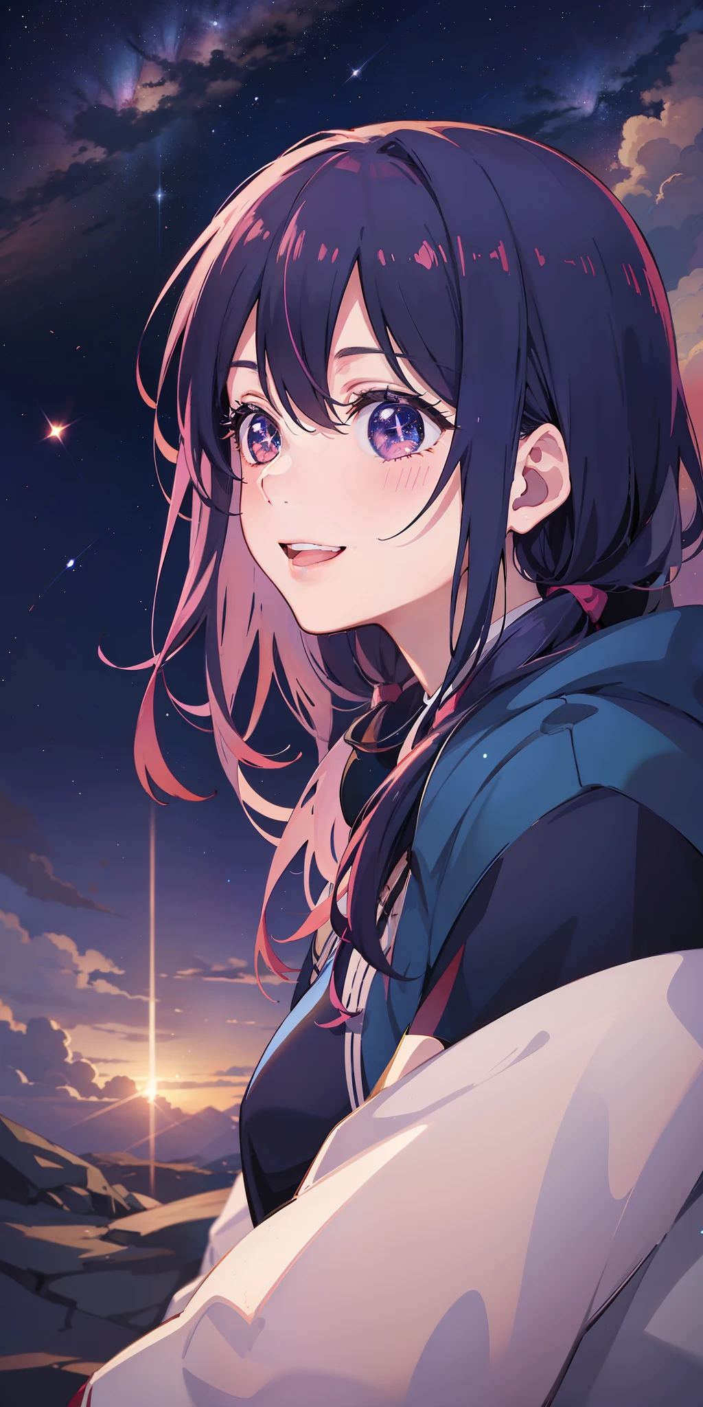 Ai Hoshino,In the starry sky,outside,watching the stars,grin face,Absolutely beautiful,tmasterpiece,4K