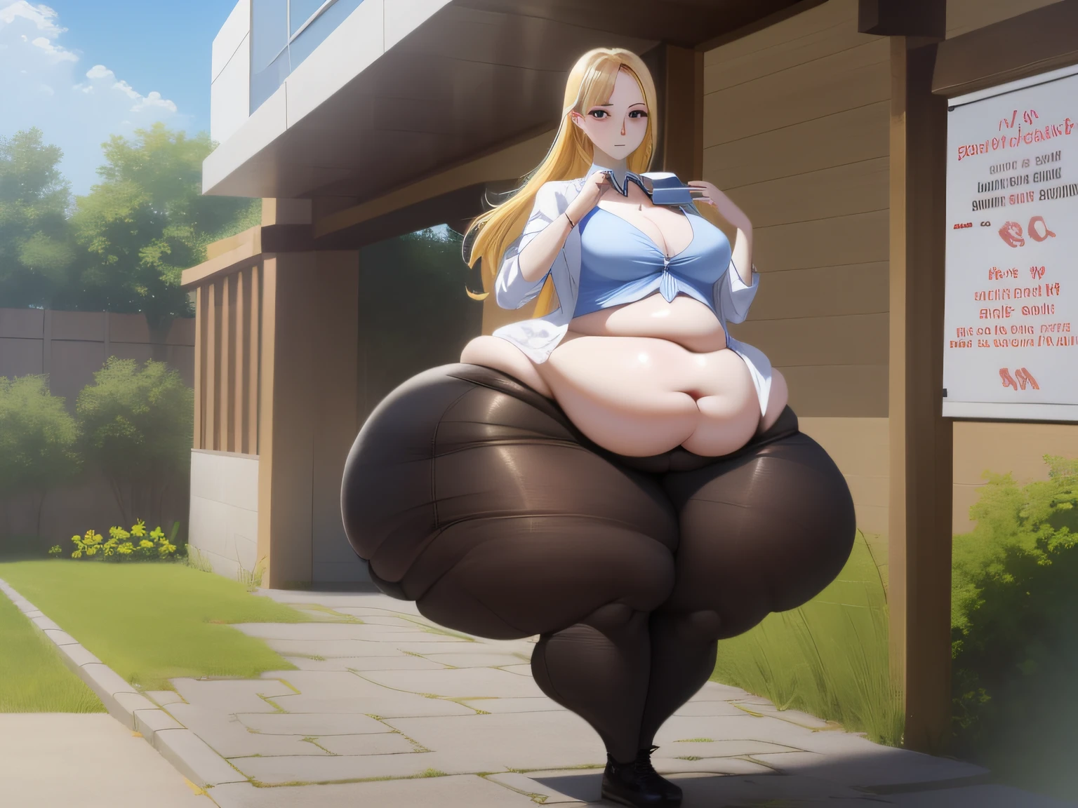 ((masterpiece, best quality)), 8k, modern architecture style, photo realistic, hyper detailed photo, clean sky, 1girl, blonde woman waddling forth, front view, white shirt, black leggings, handbag, phone, (plump, obese, overweight, obesity, no wrinkles, no split belly, no wrinkles 1on belly, no vertical line on belly, no line on belly, no crossline on belly, no folded belly, no ass on belly, no folded skin, only 1 navel, wide body, wide waist, wide shoulder, thick waist:1.4), (hyper thighs, bottom heavy:1.4)