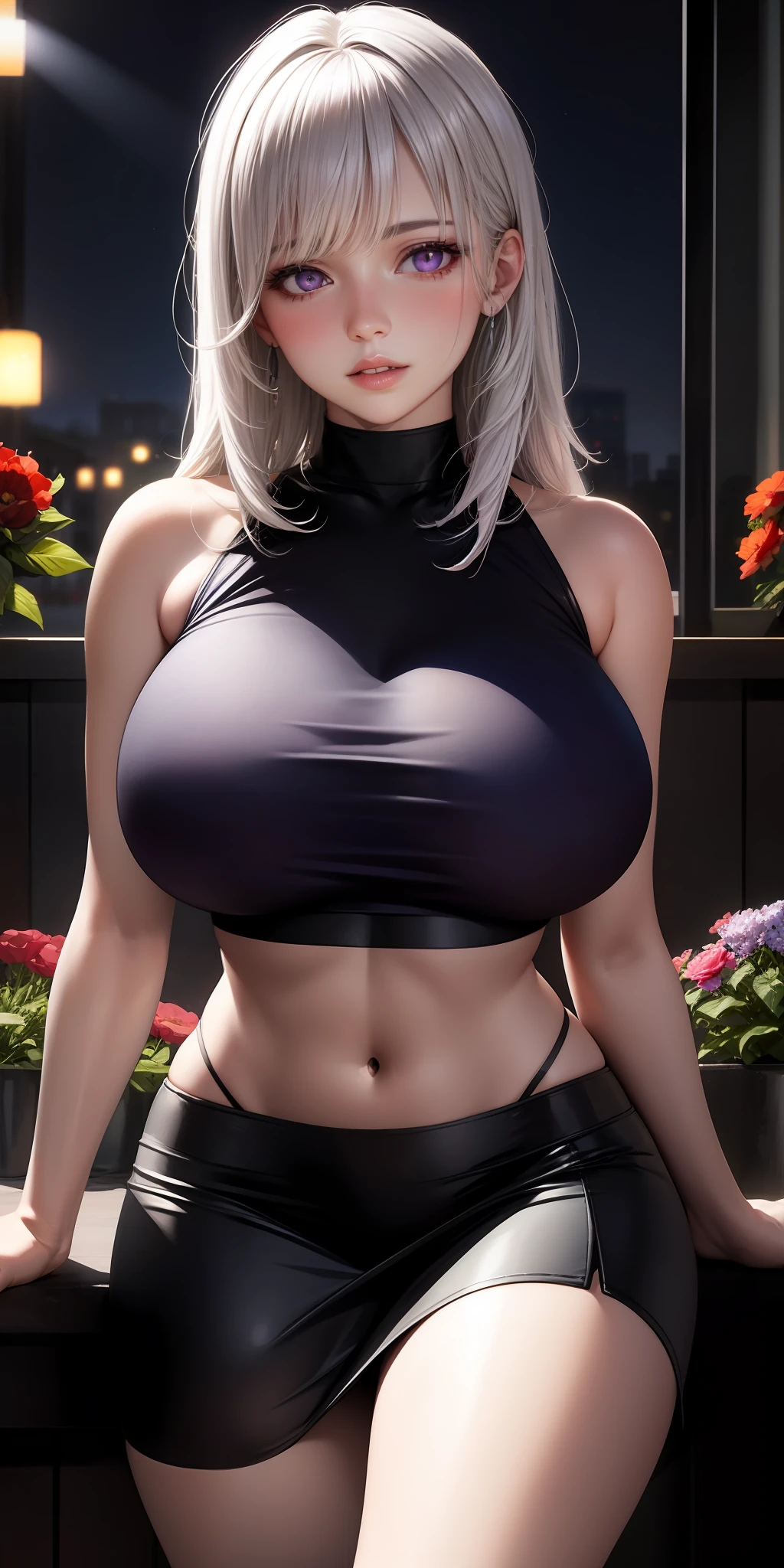 realistic, 1girl, white hair, purple eyes, glowing eyes, crop top, skirt, parted lips, blush, night, flowers, sun, sunlight,massive breast,