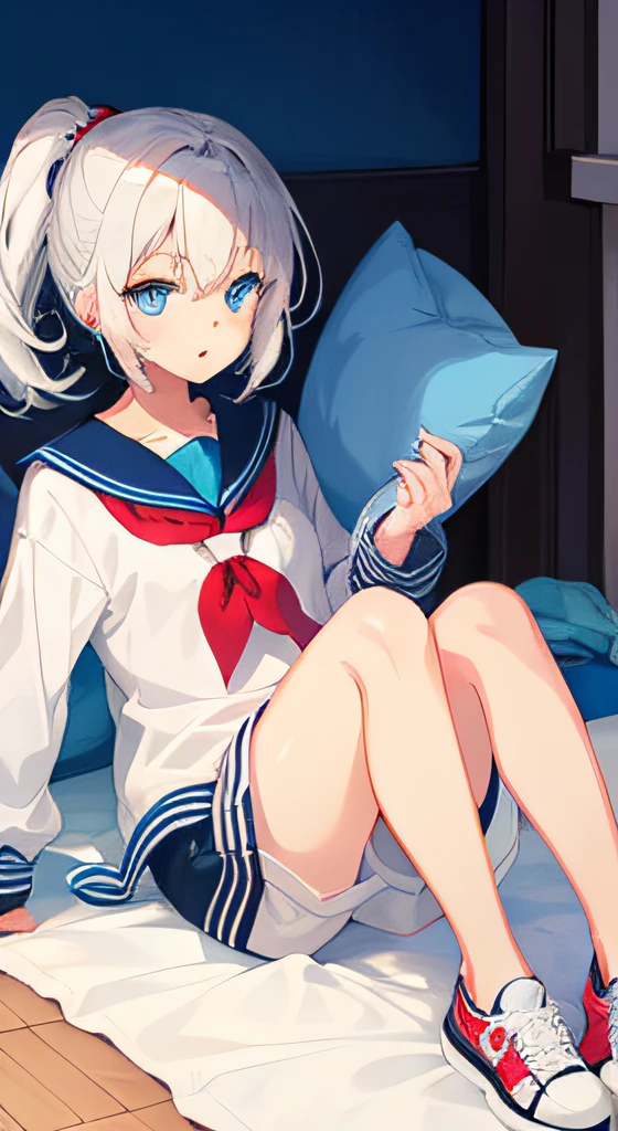 Anime characters with white hair and blue eyes, anime visual of a cute girl, Anime moe art style,Girl with short white hair, Shoujo white hair young anime girl, official character art,Heterochromic pupils,Wear high-top sneakers,White sailor suit,White skinny shorts,blue accents,red hairband,Lie down in bed,flatchest,Short ponytail hair,White high-top flats in hand,chiquita,fully body photo