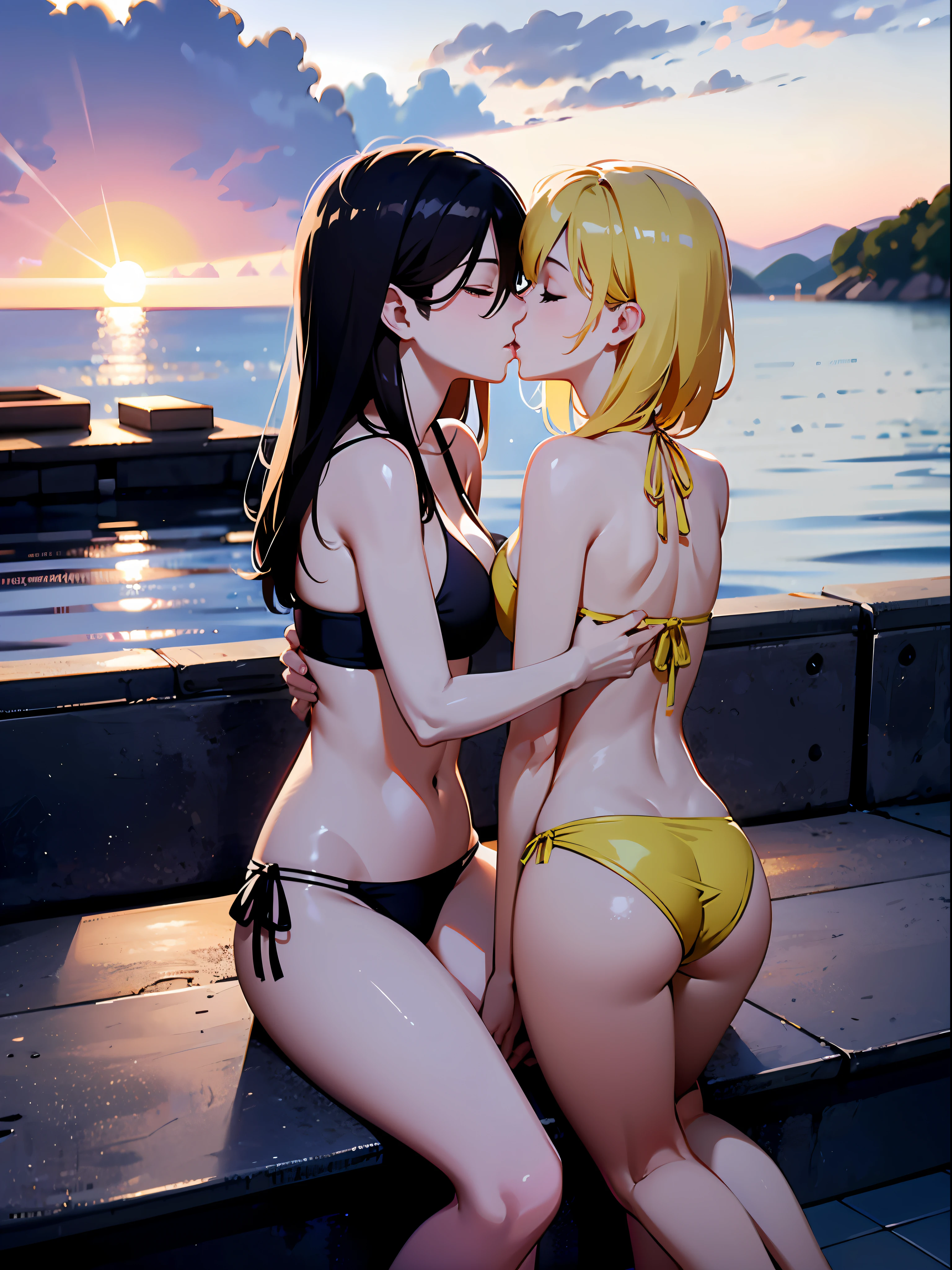 masutepiece,hyper quality, Hyper-detailing,Perfect drawing,nffsw,3D,8K,illustratio、Hi-Res、(((Two beautiful girls)))、The bikini、swim wears)、(Sitting on the breakwater)、Close your eyes、((French Kissing))、the setting sun、Horizon、shores、Back lighting、Sparkling water surface、beatiful backgrounds、Accurate drawing、Detailed drawing
