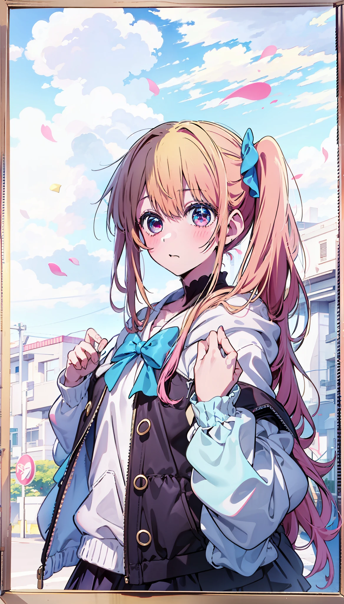 In the background is a candy house,There was a lot of sweets,There are clouds made of marshmallows。The girl's eyes are the eyes of stars like Ai Hoshino,she has pink、Blue single-horned ponytail。