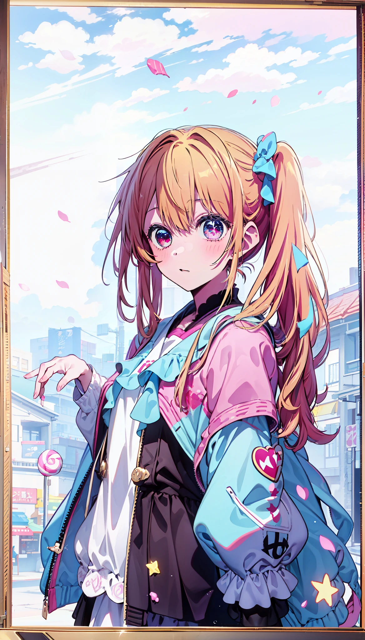 In the background is a candy house,There was a lot of sweets,There are clouds made of marshmallows。The girl's eyes are the eyes of stars like Ai Hoshino,she has pink、Blue single-horned ponytail。
