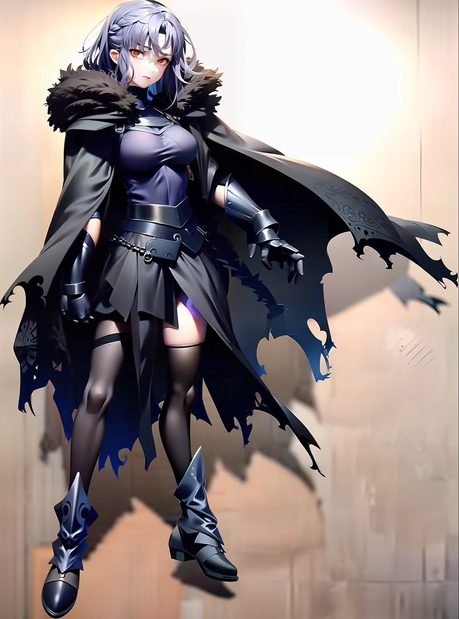Anime characters with black and purple hair and cape, Artoria Pendragon, dark sorceress full view, dark witch character, pale black armor, dark sorceress fullbody pose, Neil 2 B, dark cape, dark robed, berserk skullknight black armor, anime style like fate/stay night, fate / stay night, fate grand order