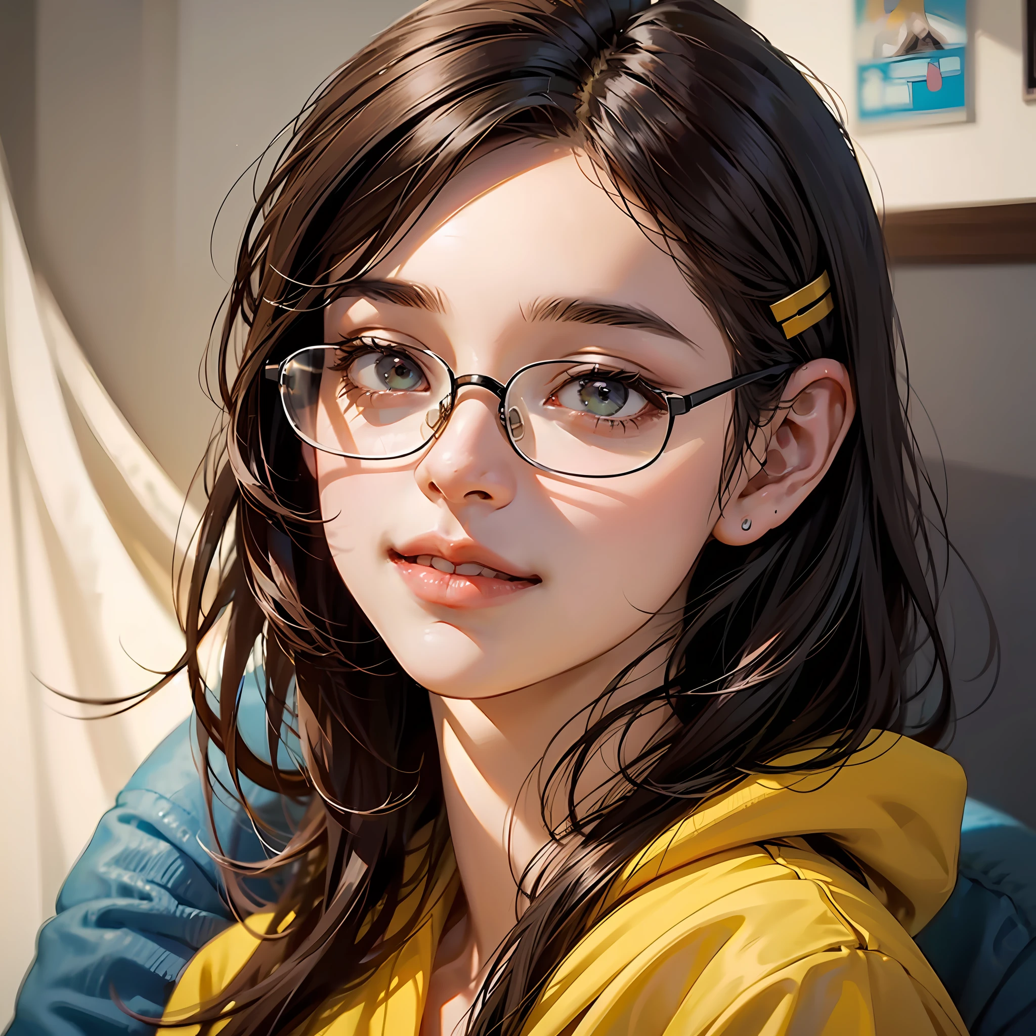 teens girl, brunette color hair, long whitr hair, inside in room, burger face,Yellow sweatshirt, hair splayed out, Hairpin, wears glasses, rimless eyewears, solid circle eyes, covering ears, Closed mouth, Light smile, Realism, Realism, Realism, High quality, Best quality --auto