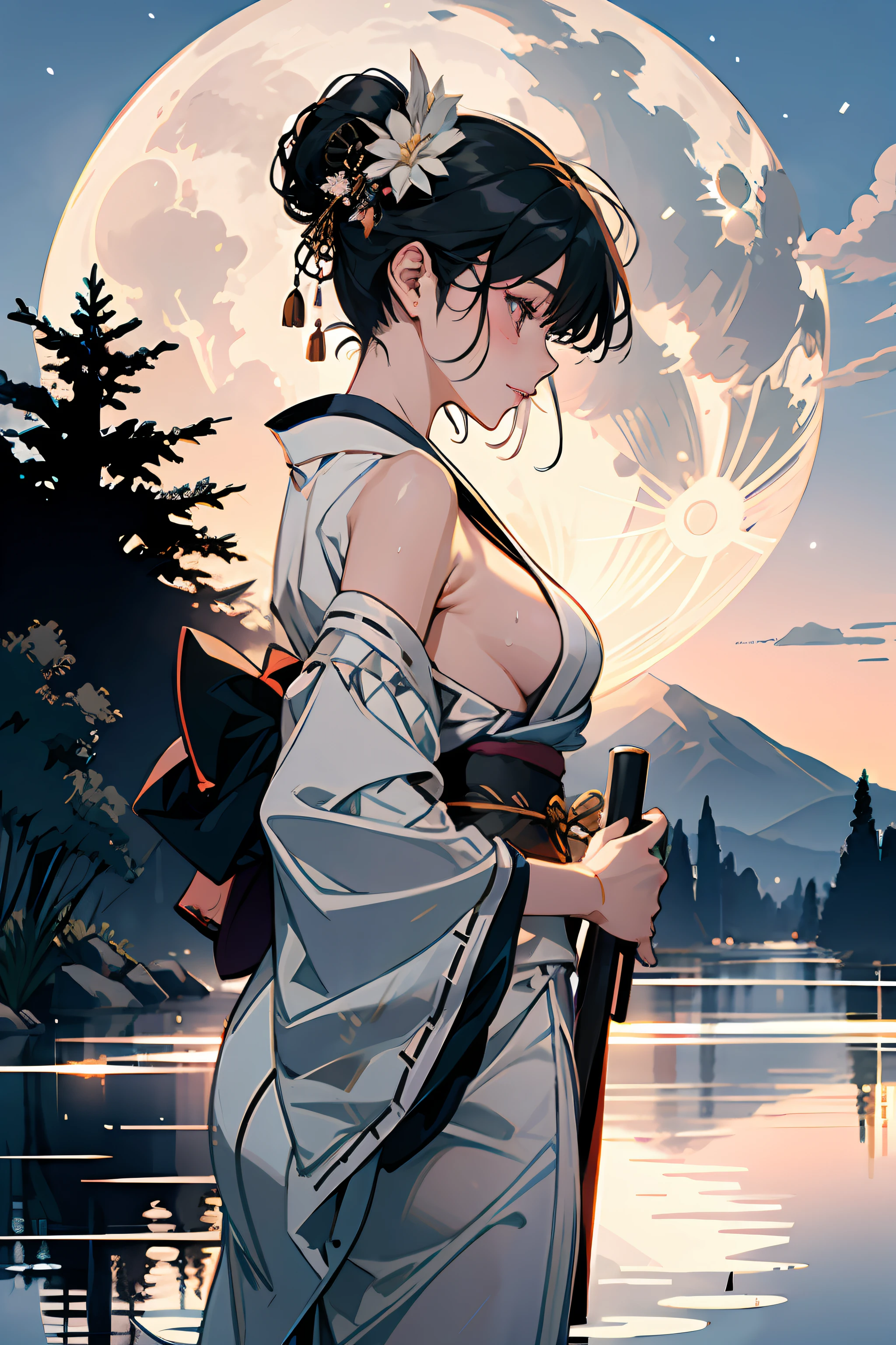 1girl, breasts, moon, lantern, night, solo, large breasts, hair ornament, wet, kimono, japanese clothes, wading, water, hair flower, flower, outdoors, sky, full moon, rain, black hair, off shoulder, mountain, cloud, holding, sash, bare shoulders, paper lantern, standing, white kimono, night sky, sideboob, obi, wet clothes, bangs, tree, from side, reflection, short hair, cloudy sky, wet hair (((masterpiece),(extremely detailed CG unity 8k wallpaper),best quality,,solo,1girl,cinematic lighting,detailed background,beautiful detailed eyes,bright pupils, (an extremely delicate and beautiful),(Beautiful and detailed eye description), ultra-detailed,masterpiece,)),