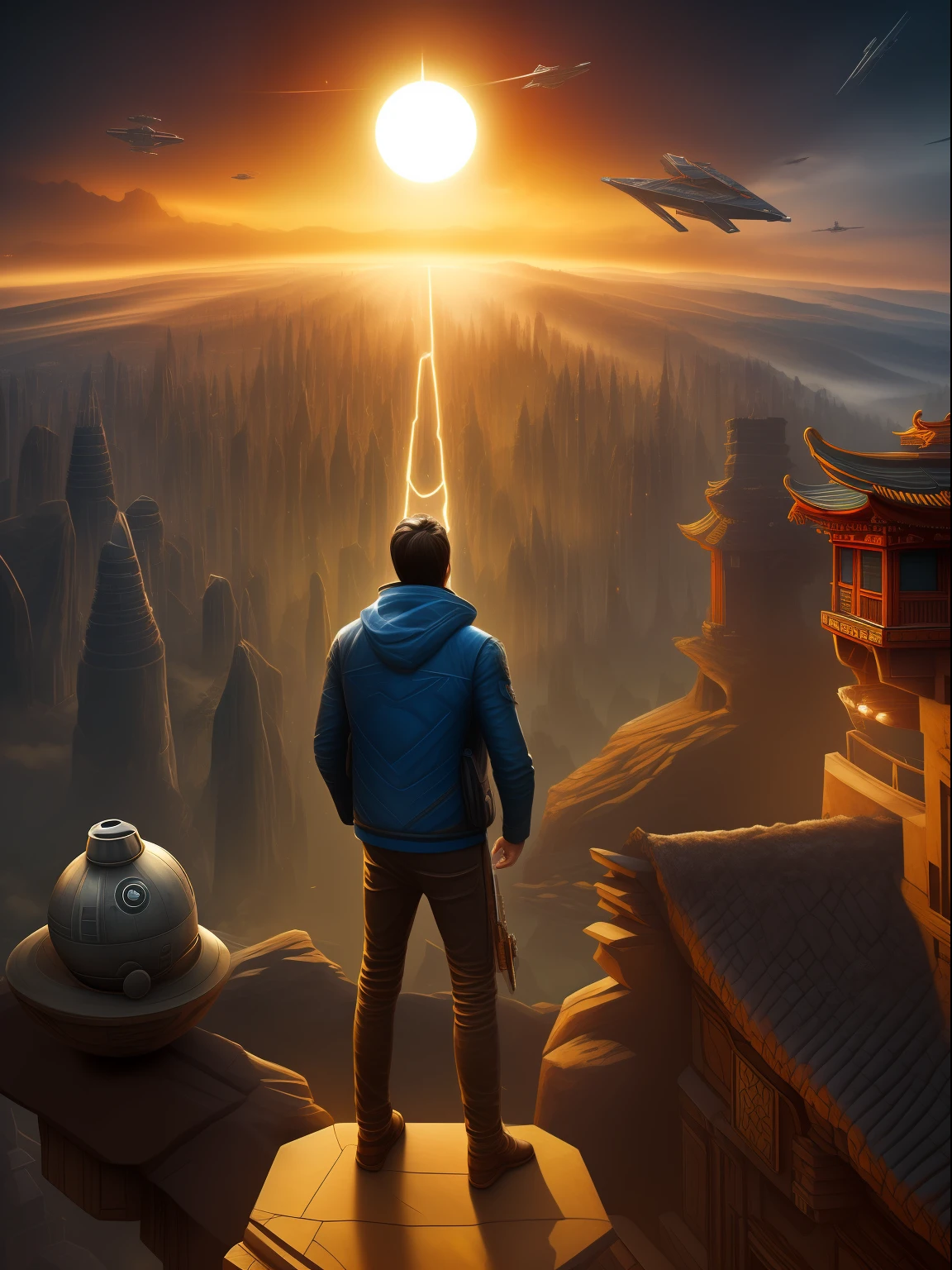 (best qulity,The Masterpiece),(Ultra-detailed colors),A handsome 35-year-old Chinese astrologer meditates around the totem of the second house of the ecliptic,Constellation Temple,ultra realist,observatory,futuristic asian starwars city background,Men's bright gold Translucent G-thongs,big bulge,Stubble,Hairy Thighs,Very attractive,HDR,Dramatic lighting,Art Station Trend,CGSociety trends,Professional photography