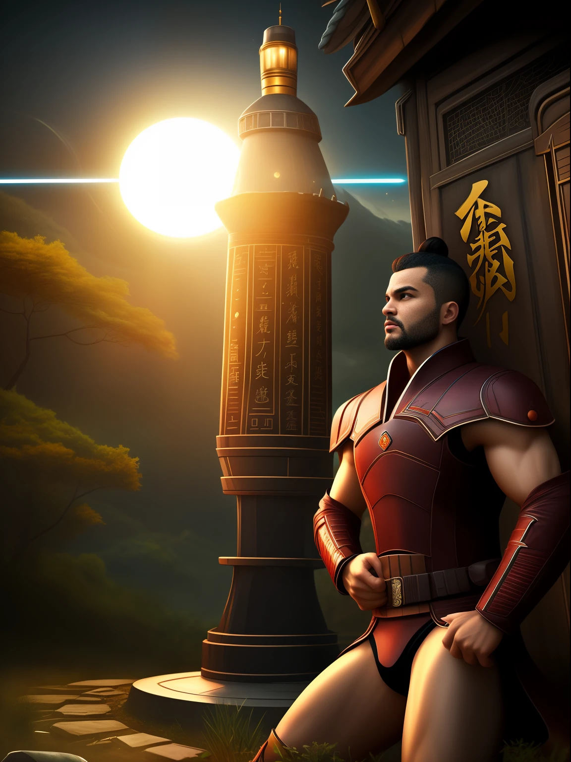 (best qulity,The Masterpiece),(Ultra-detailed colors),A handsome 35-year-old Chinese astrologer meditates around the totem of the second house of the ecliptic,Constellation Temple,ultra realist,observatory,futuristic asian starwars city background,Men's bright gold Translucent G-thongs,big bulge,Stubble,Hairy Thighs,Very attractive,HDR,Dramatic lighting,Art Station Trend,CGSociety trends,Professional photography