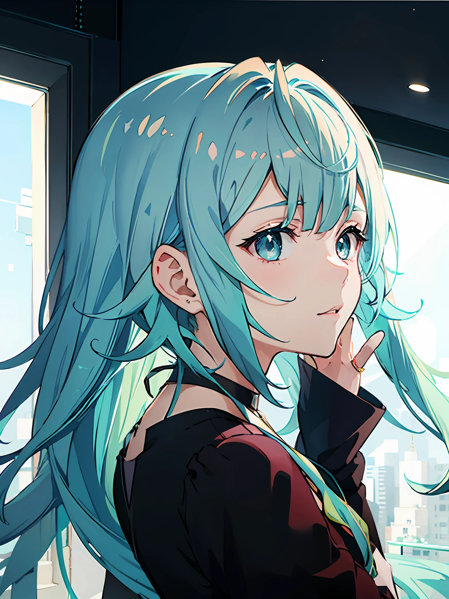 Super beautiful, Two-dimensional style, sideface, (Blue-green hair:1.2),(Dark blue eyes:1.1),(Beautiful face:1.3), The light from the back window is backlighted, (Anime style:1.2)