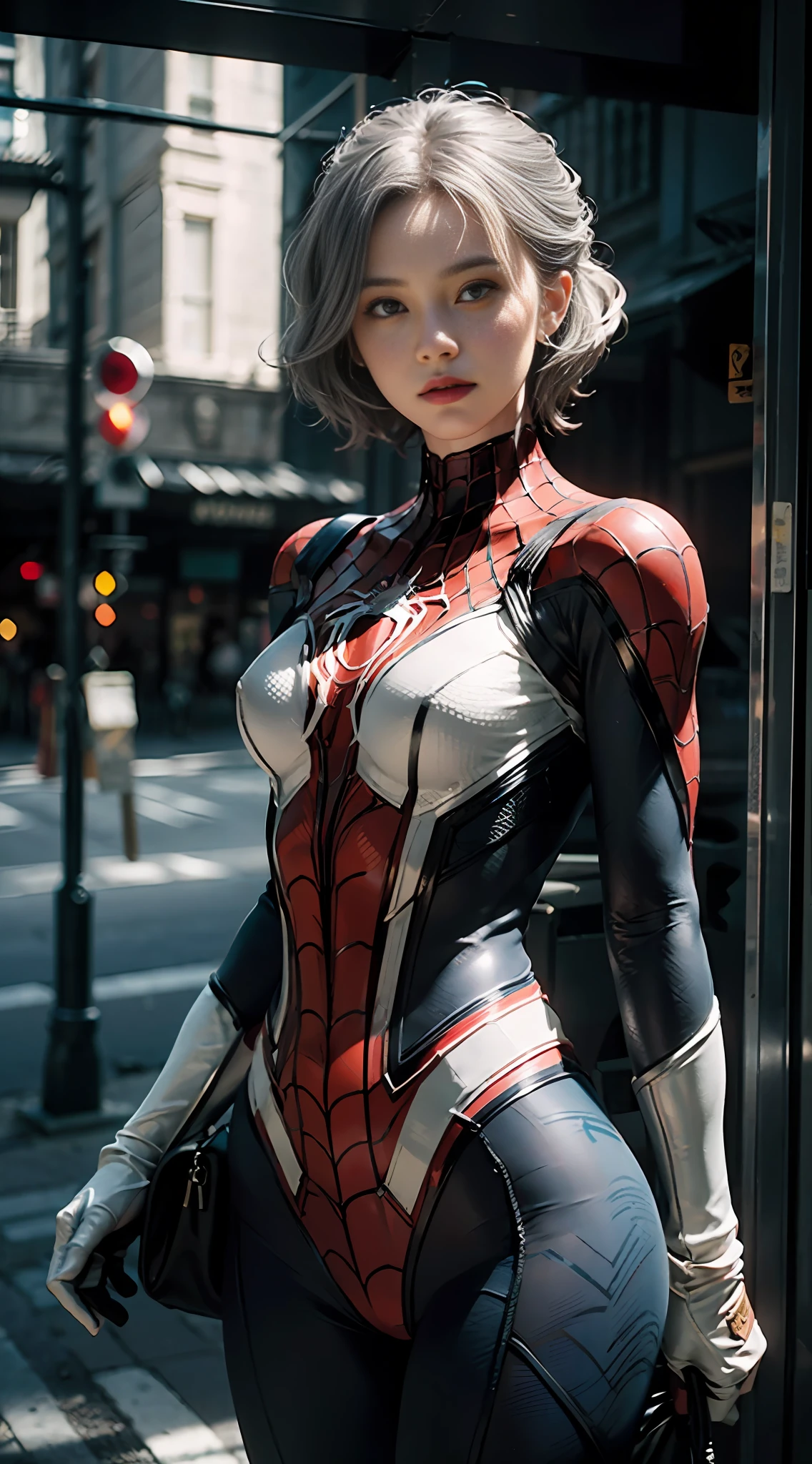 (Extreme Detail CG Unity 8K Wallpapers，tmasterpiece，Highest image quality)，(Delicate light and shadow，The picture is highly dramatic，Cinematic lens effect)，A girl in a white Spider-Man costume，Silver-gray hair color，From the Spider-Man parallel universe，Wenger，Marvel，Spidey，dynamicposes)，(Exceptional detail，The lighting effect is outstanding，Vista wide angle)，(Excellent rendering，Enough to stand out from the crowd)，The focus is on the white Spider-Man costume