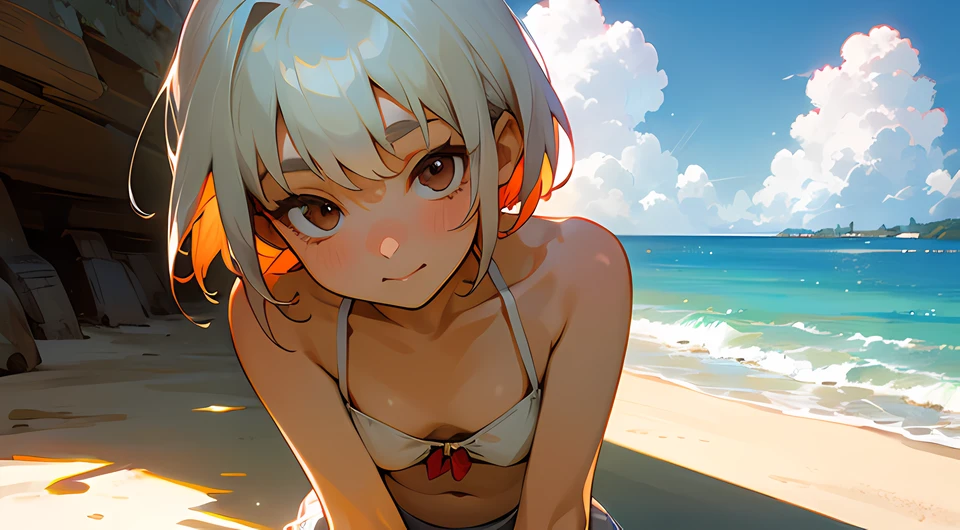 aers old,teenrl,The upper part of the body,White and red top,short detailed hair,solo person,White color hair,夏天,beachside,baiyun,Positive side face,surrealism, shadowing, anaglyph, stereograms, tachi-e, angle of view, Atmospheric perspective, 8K, Super detail, ccurate, Best quality --auto