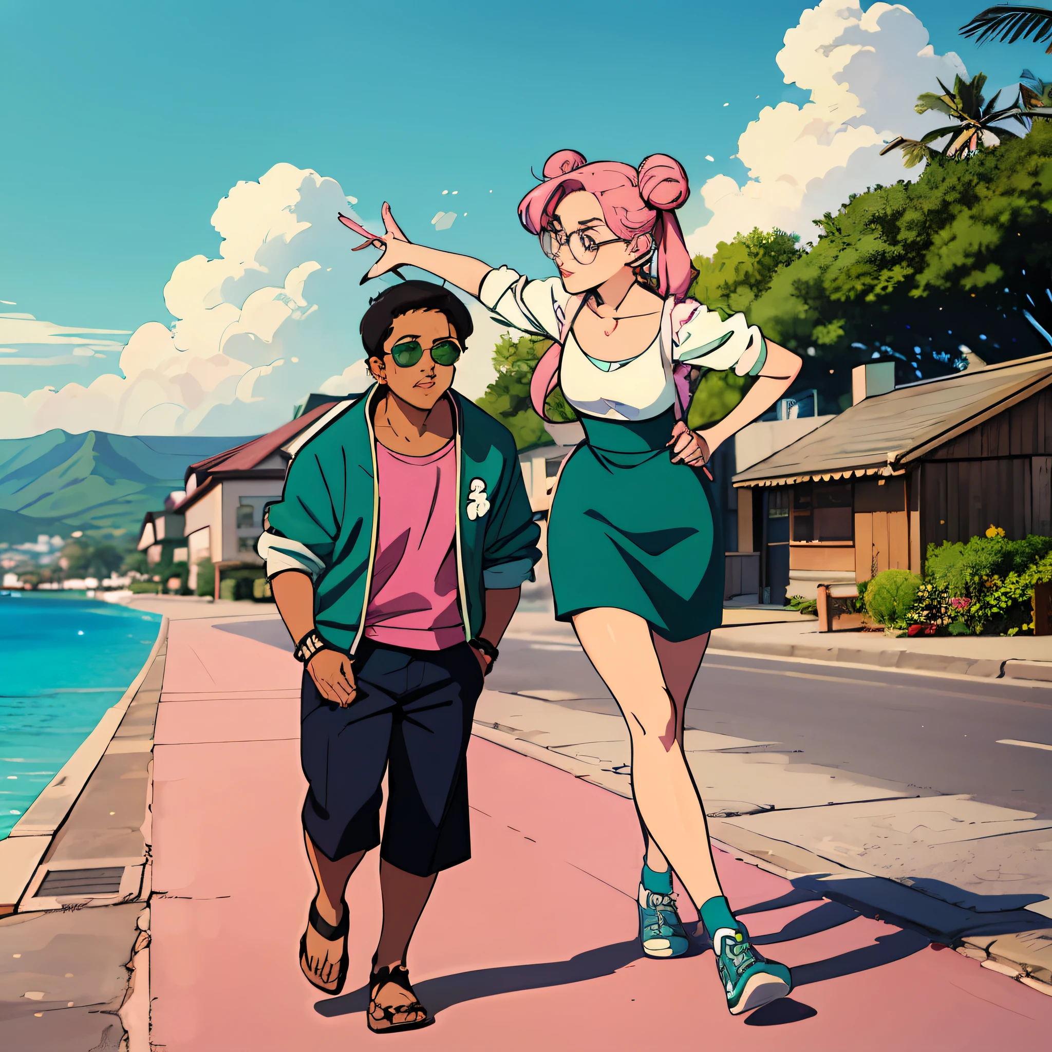 1 young man with mullet haircut, (brown skin), cute and slim, and a young shy beautifull girl small eyes, "Side buns" pink pigtails hair, glases, big lips, wearing 90s clothes, vintage 90's anime, walking in the streets of Hawaii, esmerald and turquesa colors landscape; pastel green water