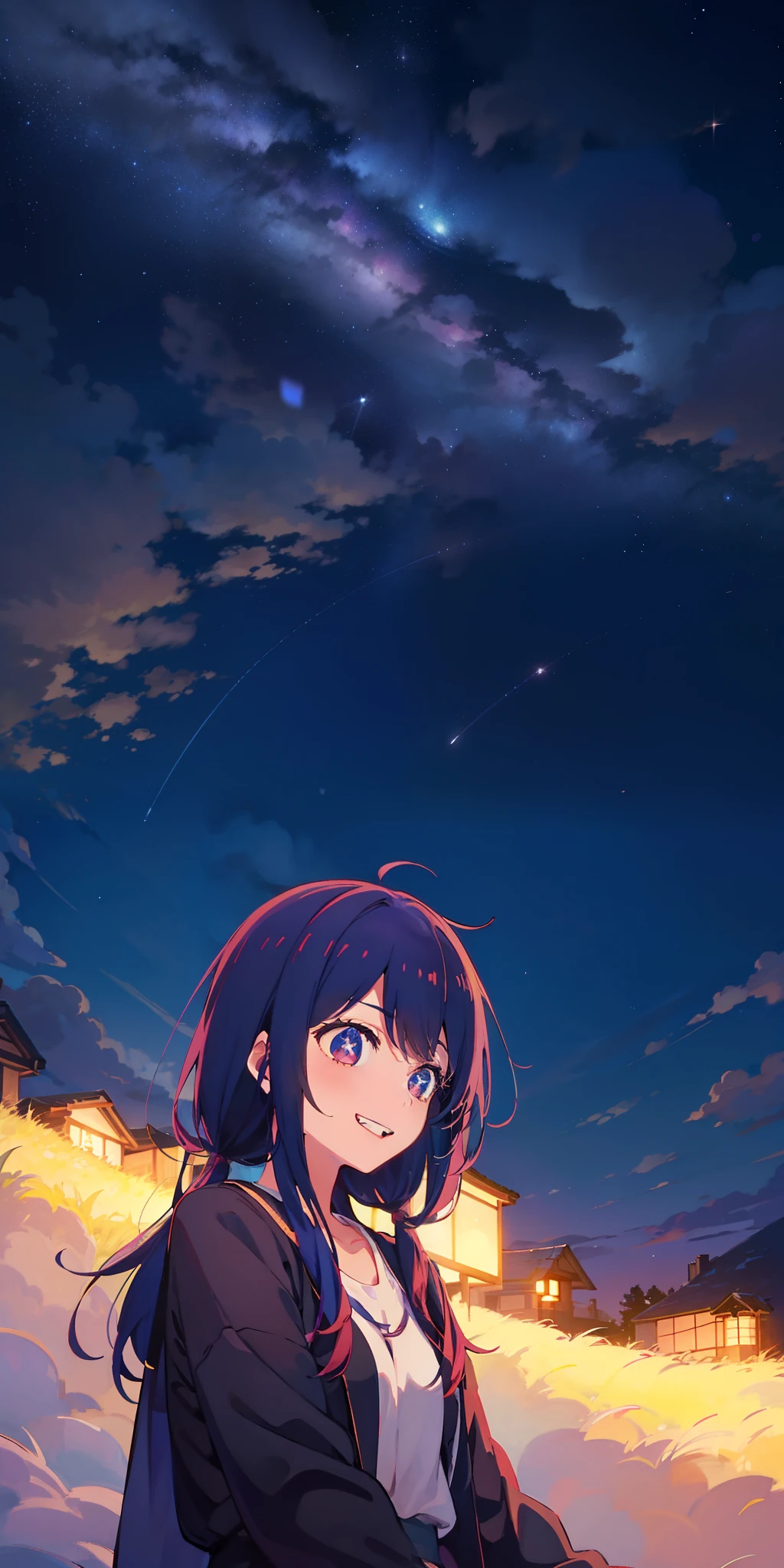 Ai Hoshino，In the starry sky，outside，watching the stars，grin face，Absolutely beautiful，tmasterpiece，4K
