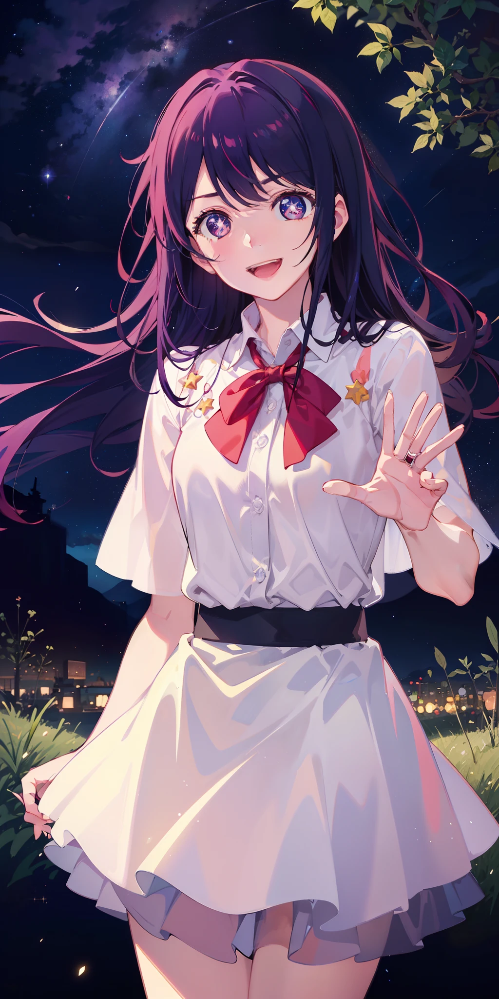 Ai Hoshino,In the starry sky,outside,watching the stars,grin face,Absolutely beautiful,tmasterpiece,4K