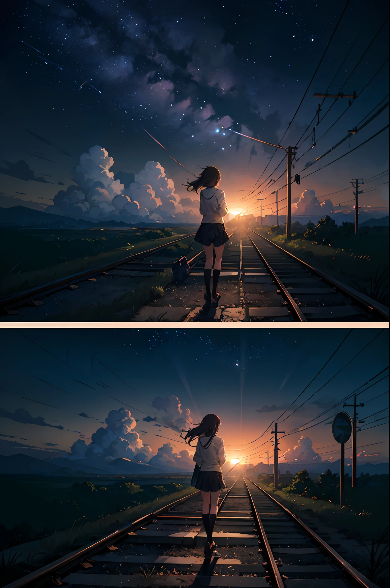 High quality masterpiece ，scenecy，Anime train passing through bodies of water on tracks， Glittering starry sky。Romantic train，Pisif，concept-art，Lofi art style，Reflectors。 By Makoto Shinkai, Lofi art, beautiful anime scenes, Anime landscapes, Detailed scenery —width 672, in the style of makoto shinkai, Makoto Shinkai's style，Detail enhancement。