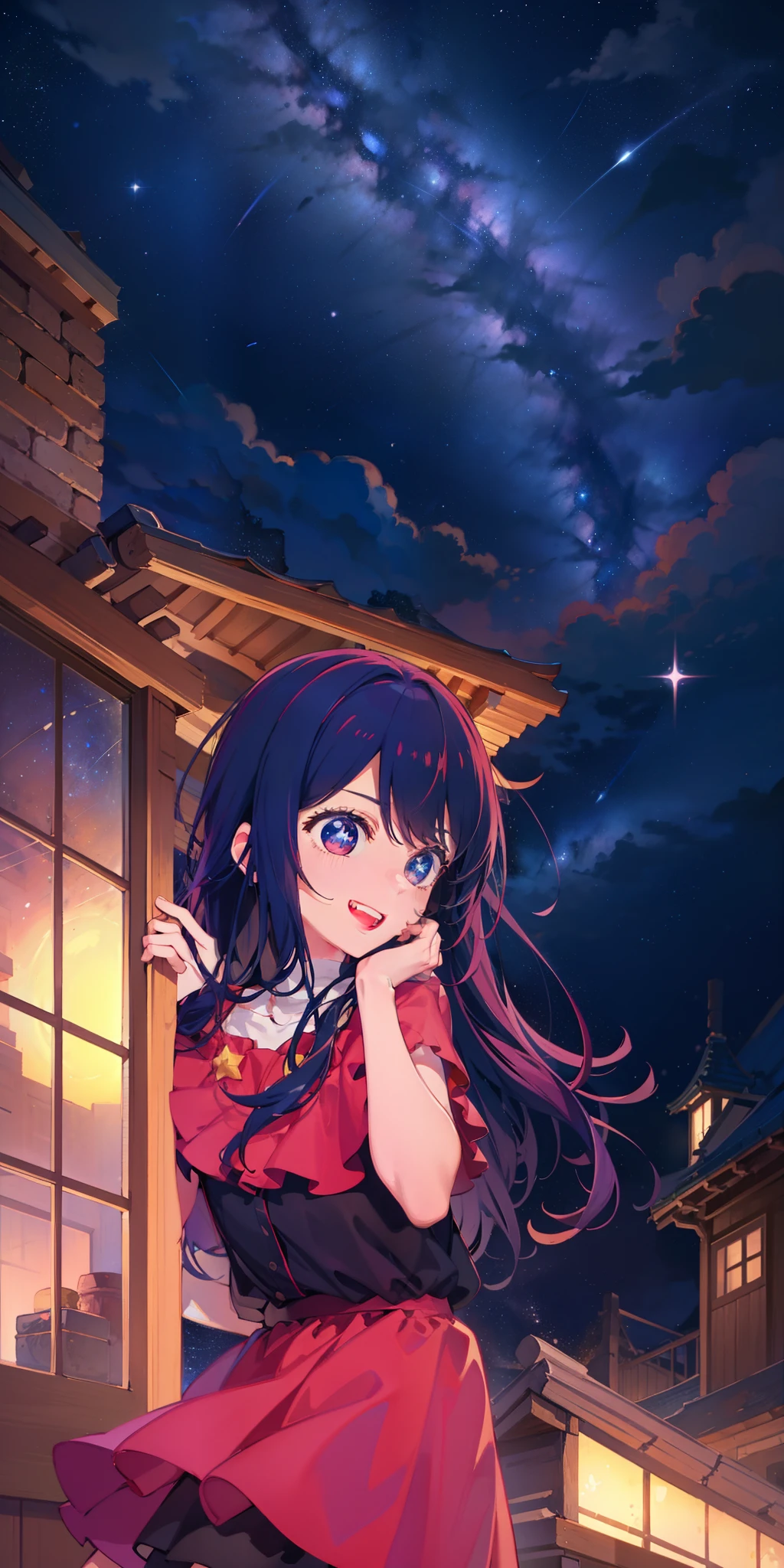 Ai Hoshino,In the starry sky,outside,watching the stars,grin face,Absolutely beautiful,tmasterpiece,4K