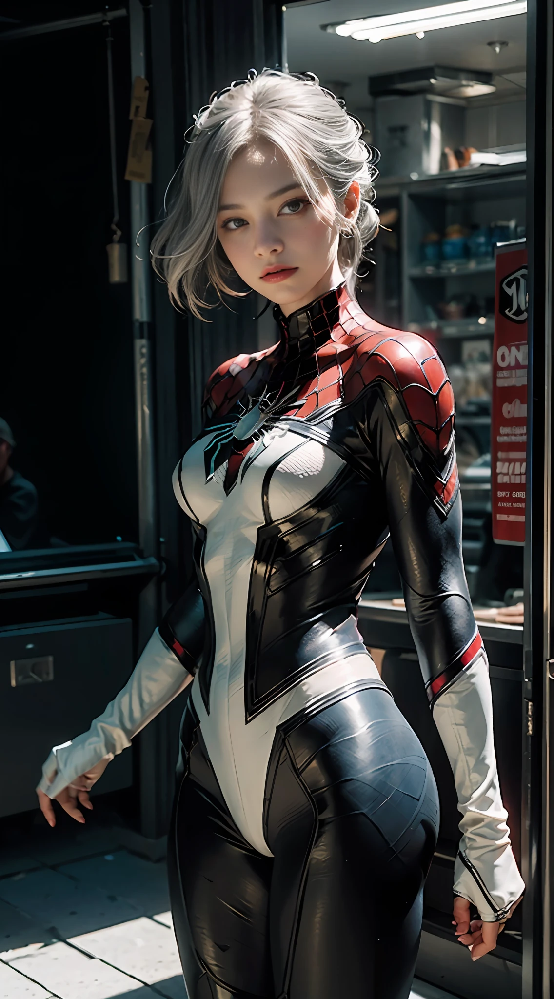 (Extreme Detail CG Unity 8K Wallpapers，tmasterpiece，Highest image quality)，(Delicate light and shadow，The picture is highly dramatic，Cinematic lens effect)，A girl in a white Spider-Man costume，Silver-gray hair color，From the Spider-Man parallel universe，Wenger，Marvel，Spidey，dynamicposes)，(Exceptional detail，The lighting effect is outstanding，Vista wide angle)，(Excellent rendering，Enough to stand out from the crowd)，The focus is on the white Spider-Man costume