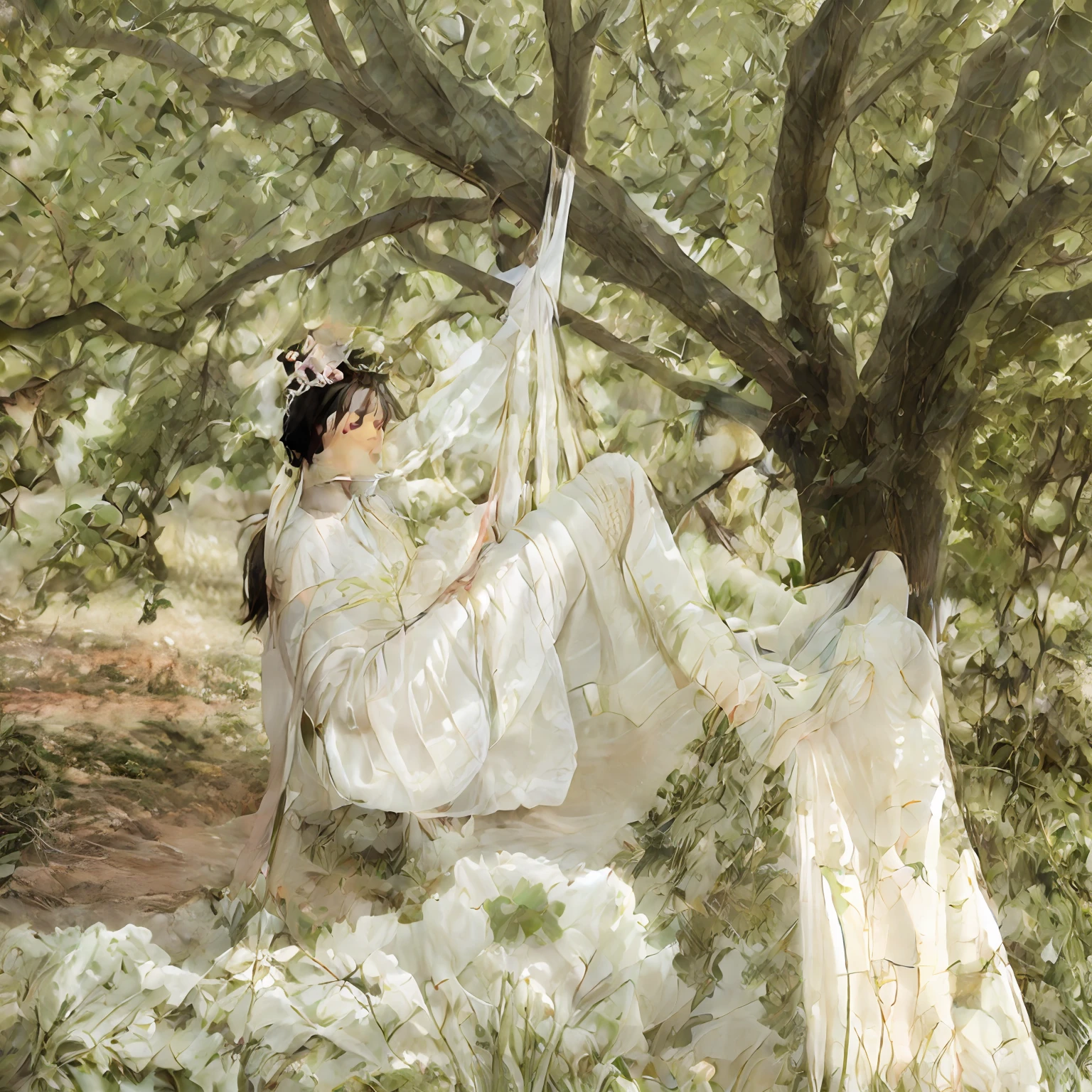 The princess in white gauze hangs from a tree covered in bandages, Hanging from a tree,,The next five soldiers stabbed her with spears