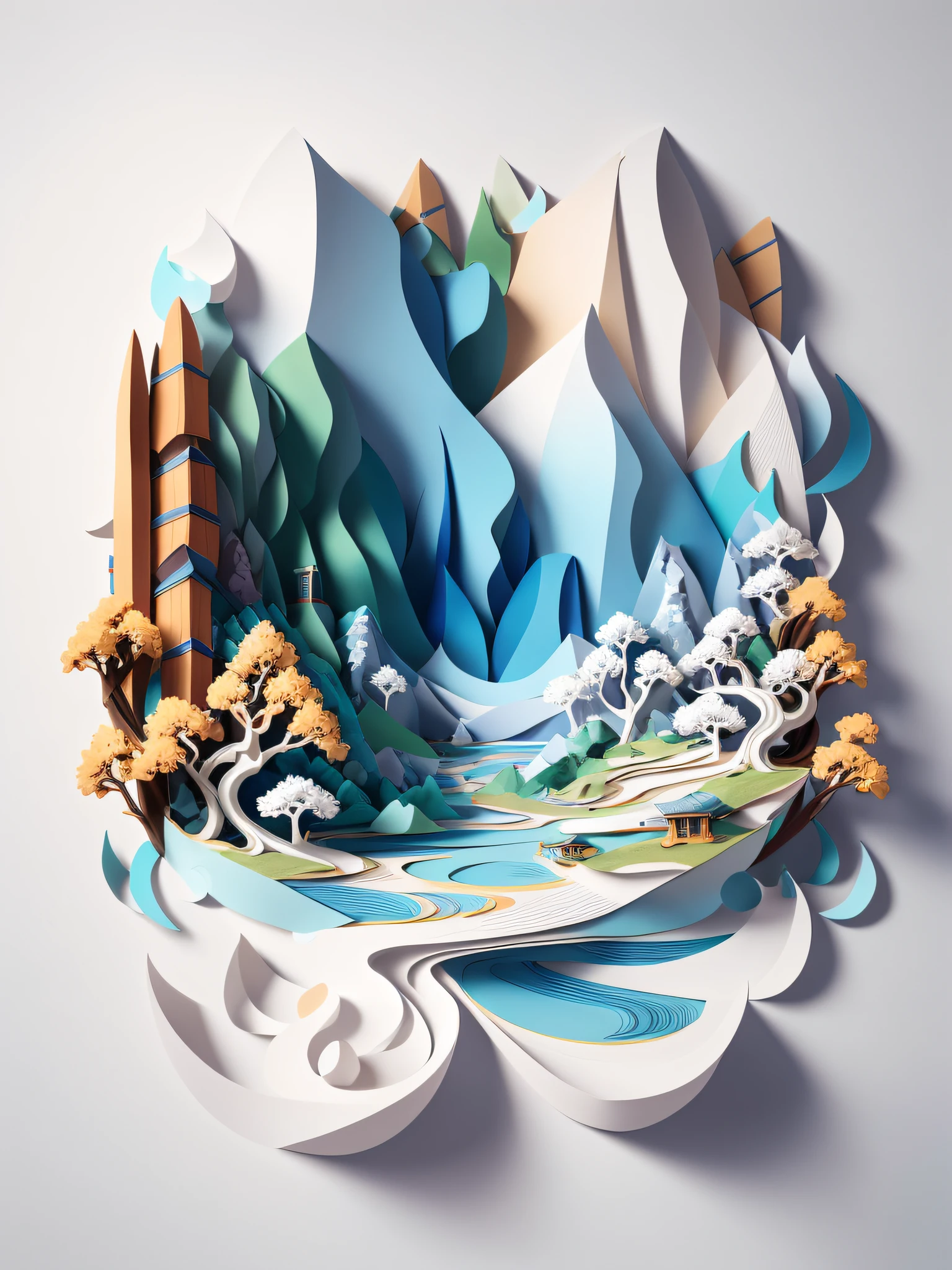 There is a paper cut with mountains and rivers, intricate 3 d illustration, layered paper art, scenery art detailed, layered paper style, 3d matte illustration, paper art, Detailed digital 3D art, trend on behance 3d art, A beautiful artwork illustration, trend on behance 3 d art, Highly detailed illustration, 3 d epic illustrations