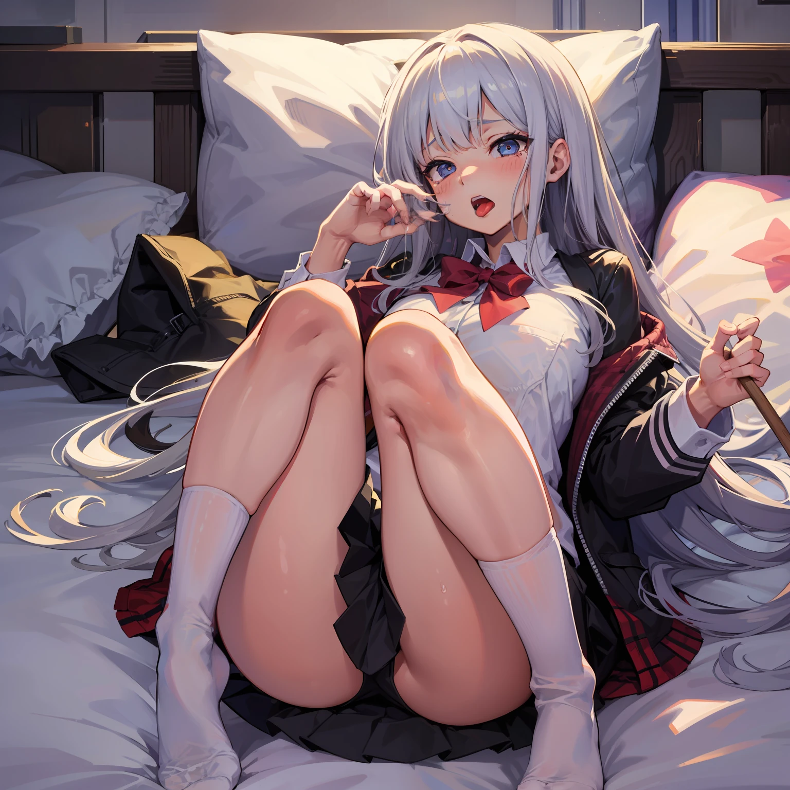 tmasterpiece, Best quality at best, A high resolution, FEL1,s girl,JK school uniform , near bed,Calf socks,Be red in the face,weeping,Very wide open mouth,Stick out her tongue,Tattered tops,(get down on the bed,legs are open,sexually arousing:10)),A lot of white liquid on the face,There is a lot of yogurt on the body,Biye,Bigchest,drools