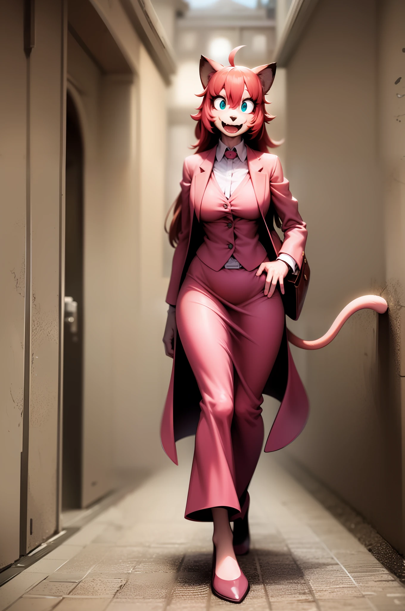 catgirl, furry, toon, cartoon, pink hair, walking,, lion tail, cat ears, animal nose, coat, vest, smile, long dress, long robe, long skirt, priestess, religiouse