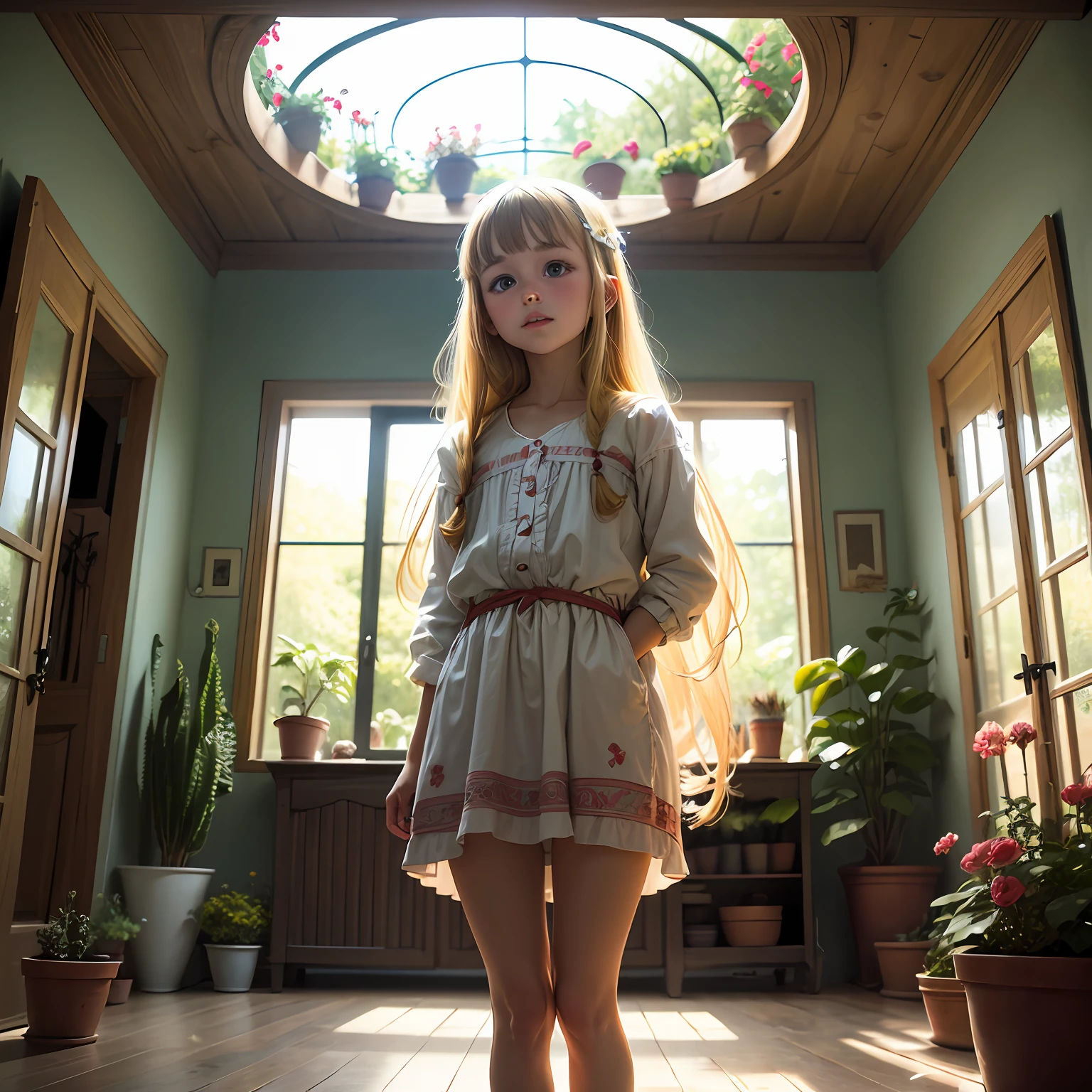 Blonde child with long hair and bangs playing in the house of the grandmother flowered garden around, animais andando --auto