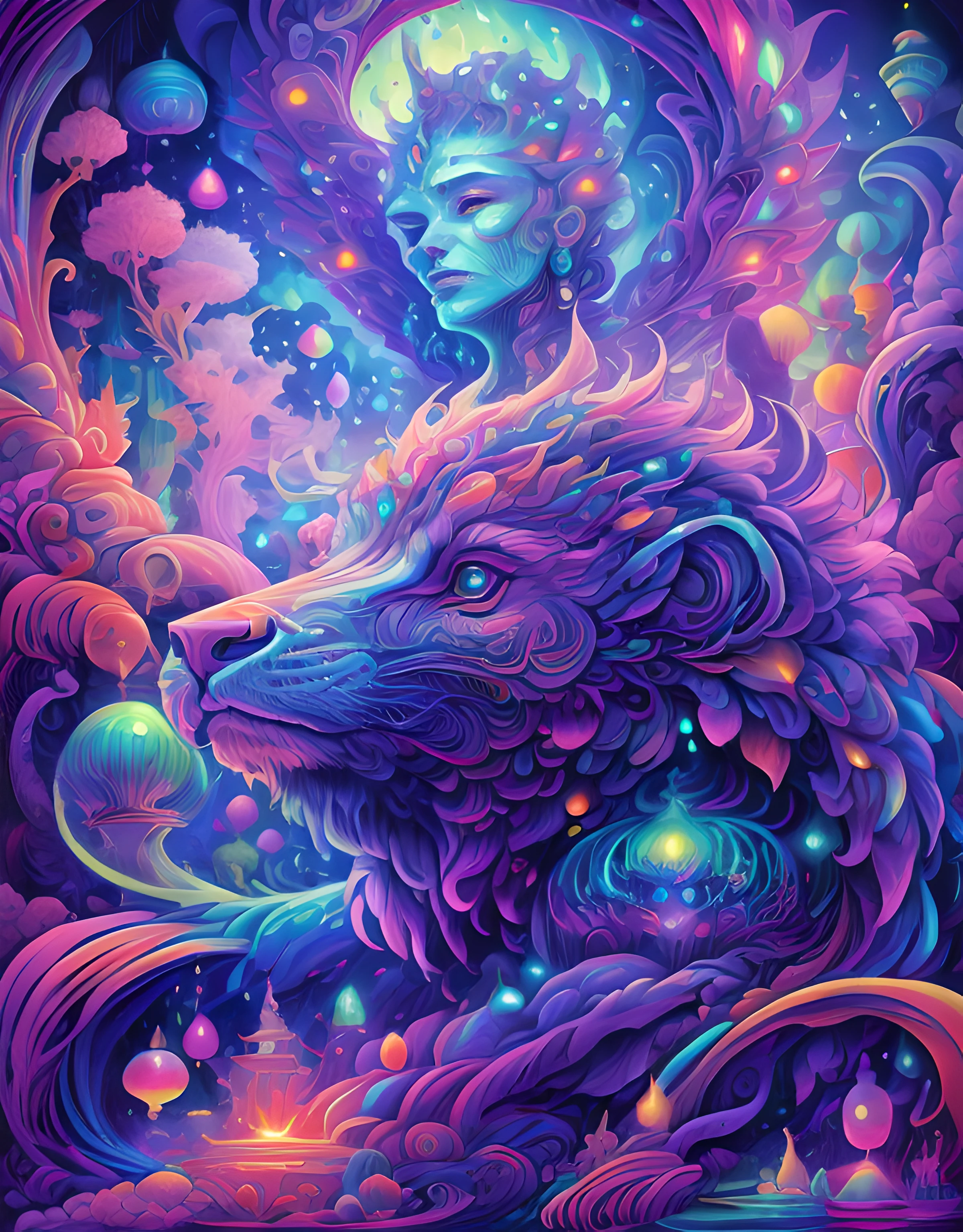 masterpiece, beautiful psychedelic entropy,best surreal masterpiece, top quality, best quality, official art, beautiful and aesthetic:1.2) , green skin godess and god standing on top of a mountain top holding eachother ,whole body and legs,extreme detailed,colorful,highest detailed, official art, gold leaf ,glitter art ,unity 8k wallpaper, ultra detailed, beautiful and aesthetic, beautiful,fractal art, mystical and otherworldly, with intricate fur and piercing eyes, in the breathtaking mountain landscape of NCWinters ,alex grey ,psychedelic, dmt PsyAI