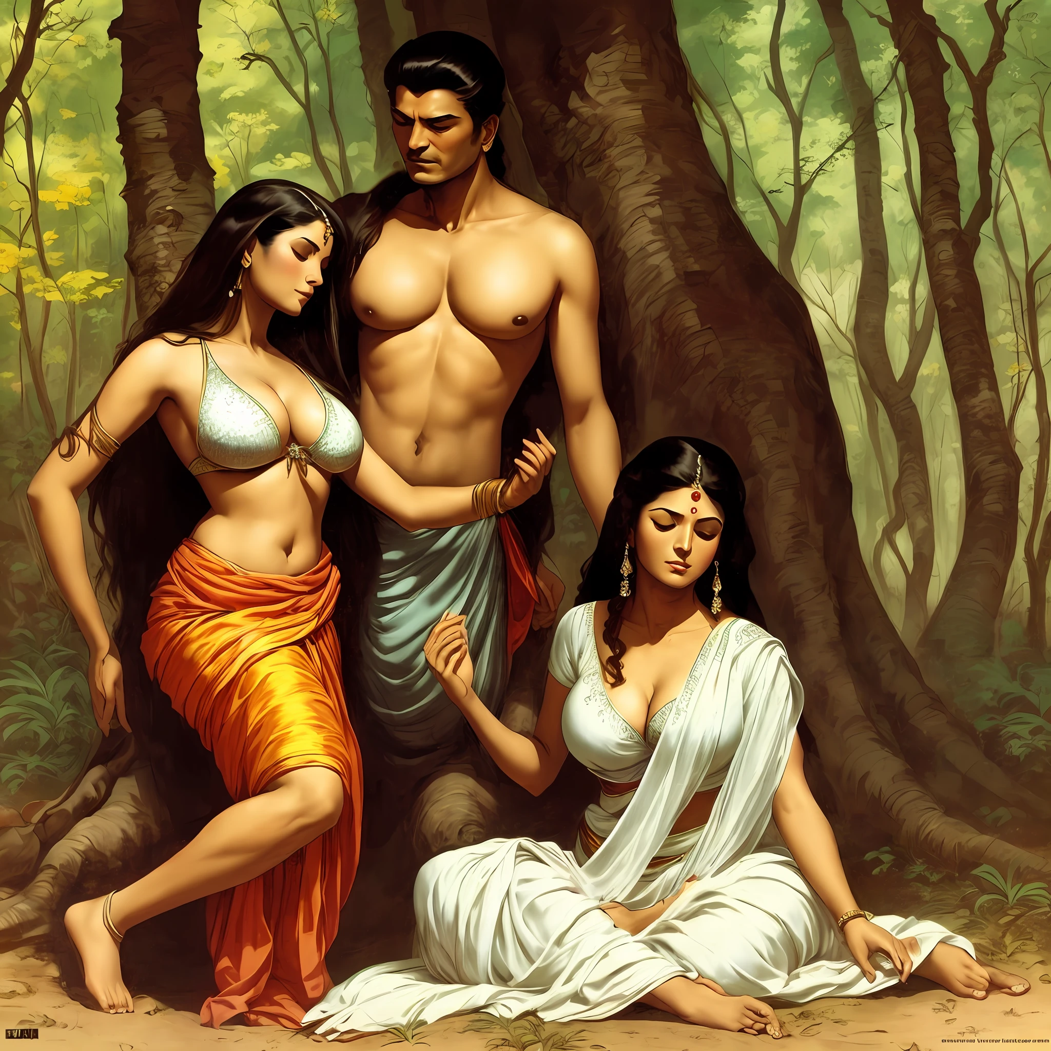 An old Indian sage, meditating on a forest, saffron clothes, a young beautiful woman, looking at him, wearing a white saree, large breasts, deep cleavage, by Luis royo, by Frank frazetta, by Boris vellejo --auto
