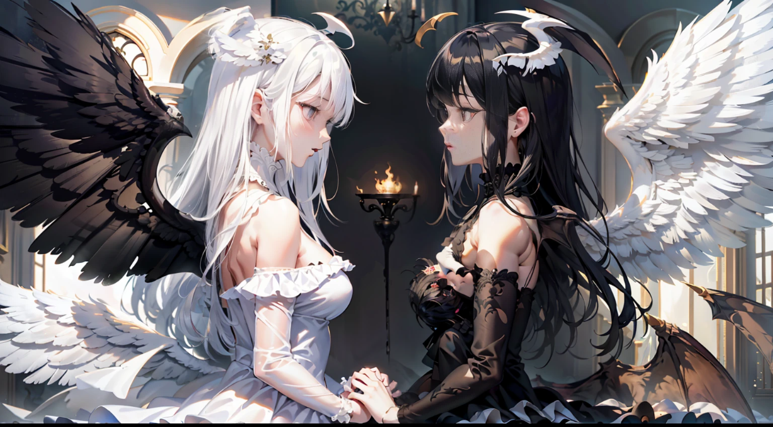 masterpiece,best quality,ultra-detailed,realistic,extremely detailed CG unity 8K wallpaper,left_right,full body,fantacy,From the side Side,2 girls,Twins,angel and demon,The angel sat on the bed shy and terrified,The demon approaches the angel,And looked straight at her,(white hair,white dress,White angel wings:1.2),(black hair,black dress,Black demon wings:1.2)