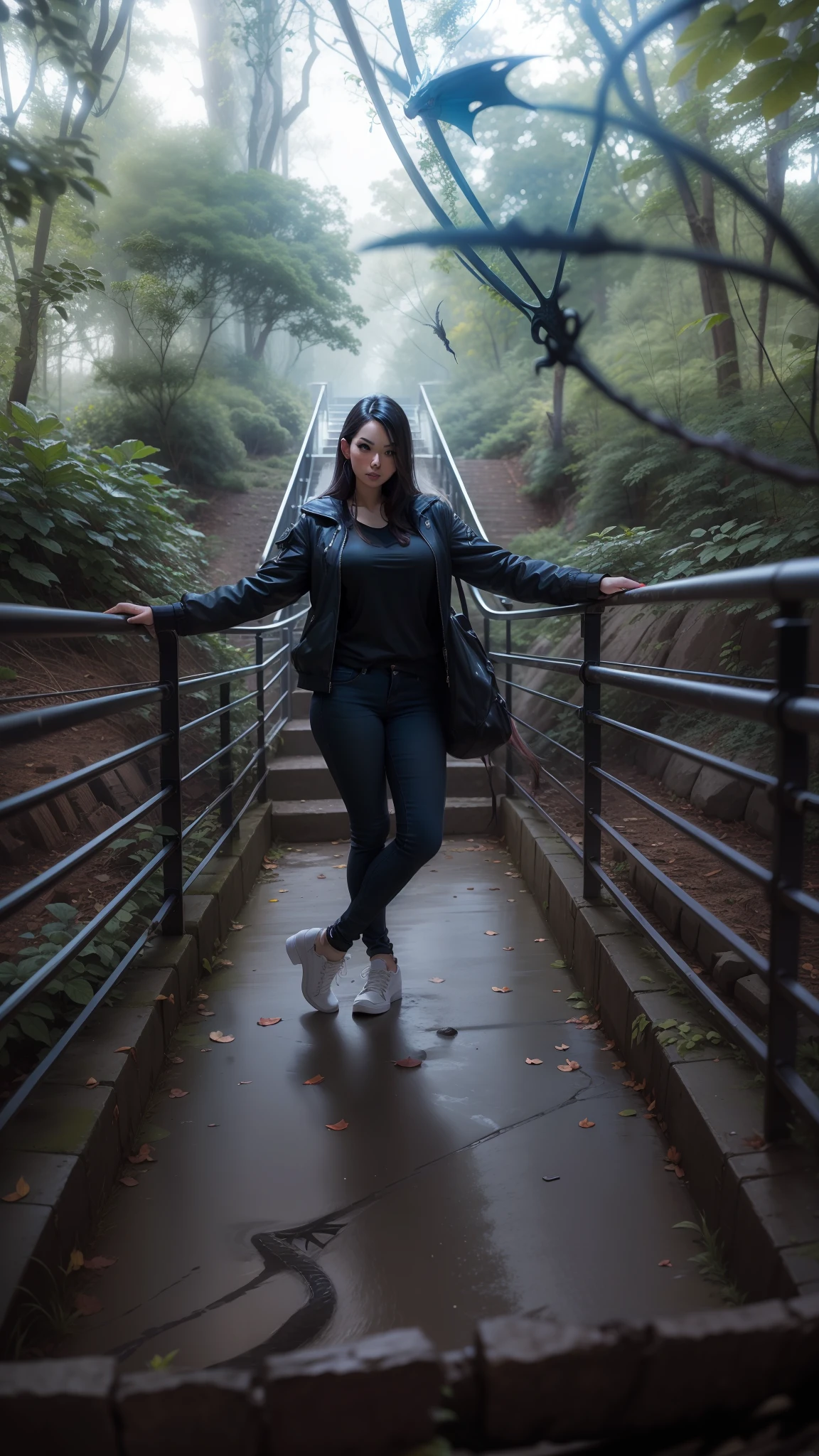Hot woman with a dragon in the background
