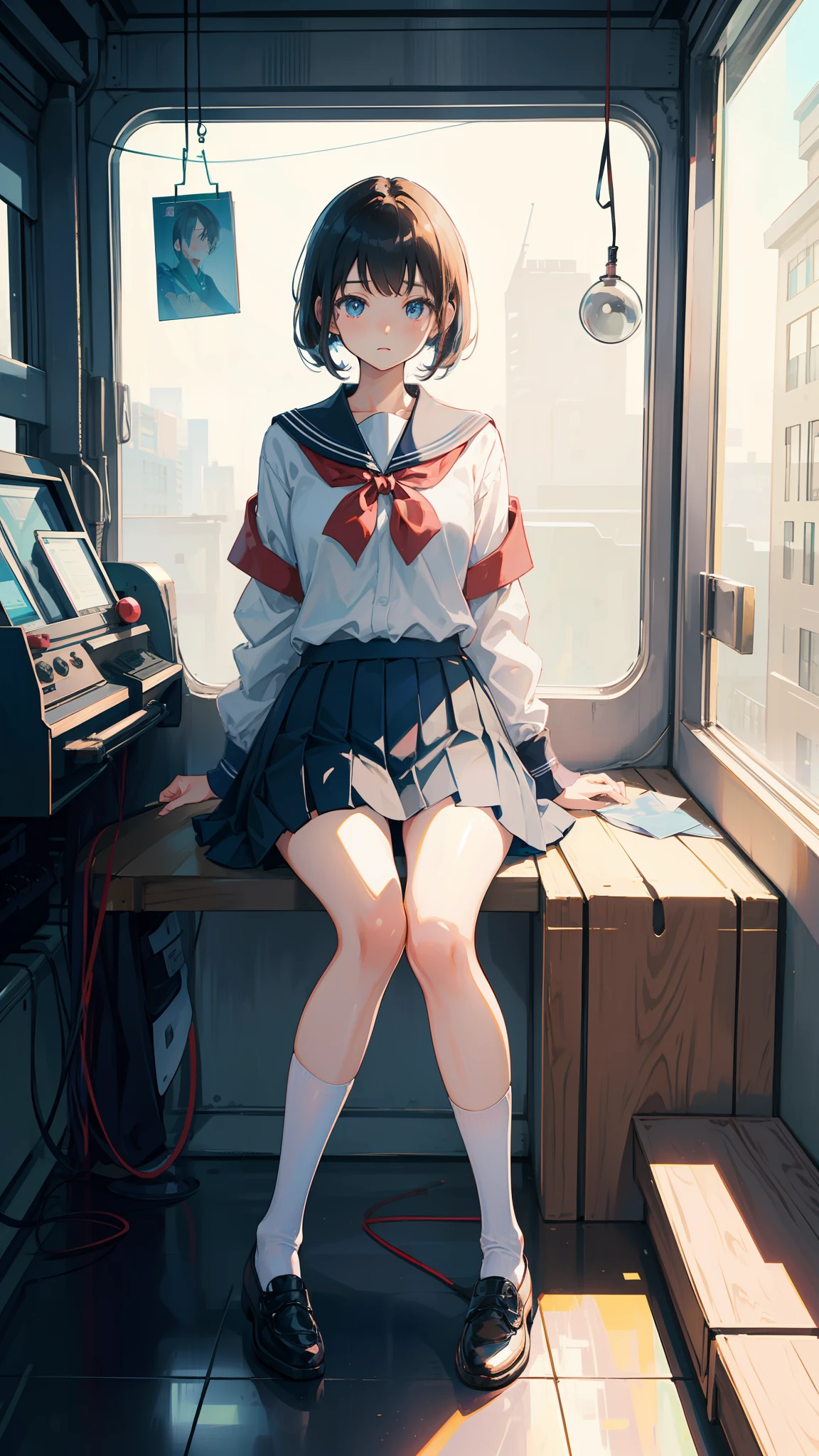 hi-school girl、a miniskirt、校服、1girl in、Triangular sitting、Black socks、top-quality、Hi-Res、