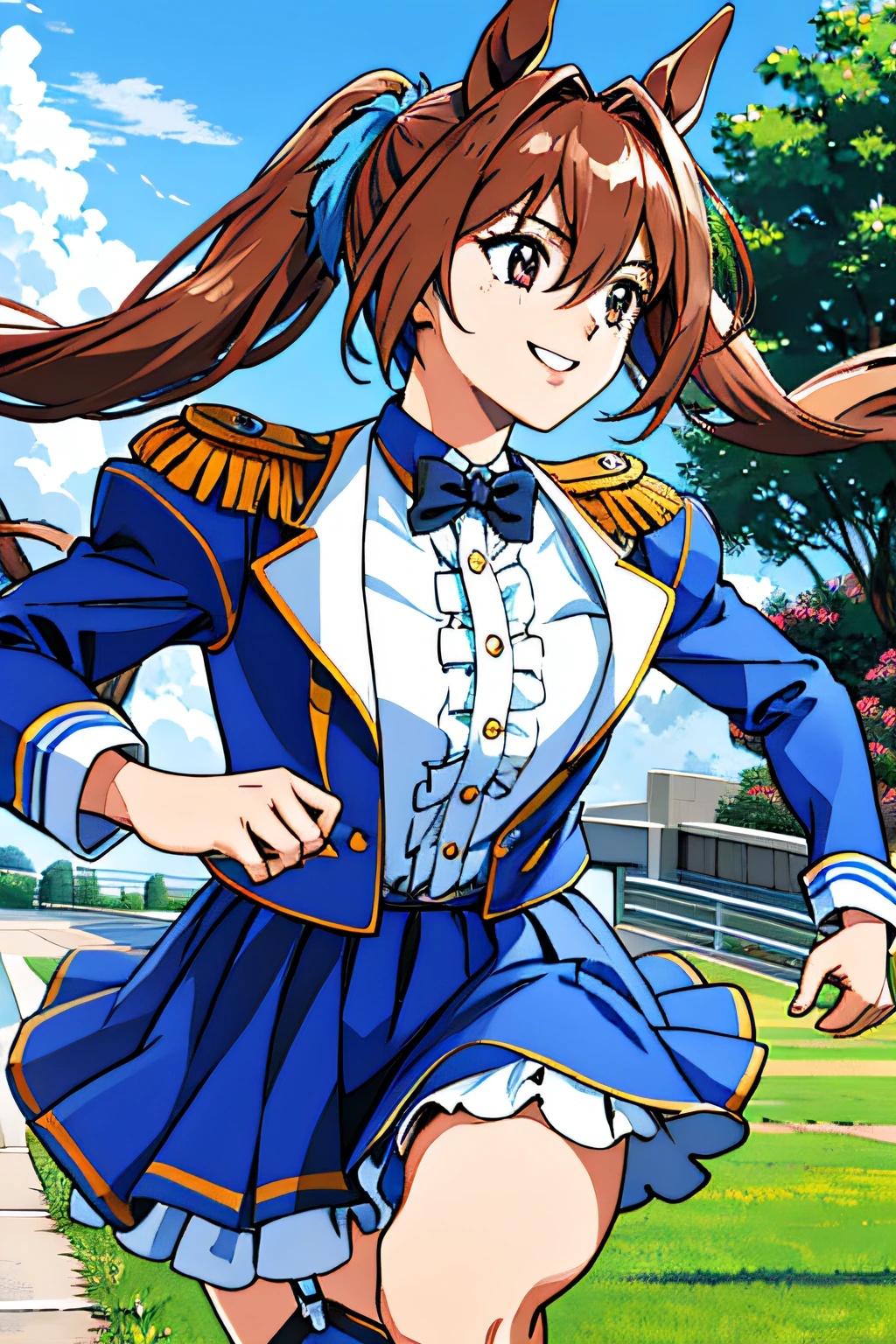 retro artstyle, 1girl, Daiwa Scarlet(umamusume), Marl, long  hair, twintails, tiarra, Horsetail, verylonghair, brown haired, epaulette, garter strap, long-sleeves,, tusk, Akame, a bow tie, bangss, puffy sleeves, Blue jacket, white thighhig, Center frills, white  shirt, hair between eye, white skirt, a blue skirt, Hair bow, (running:1.3), deph of field, plein air, Smiling from the side、Ecchi anime style