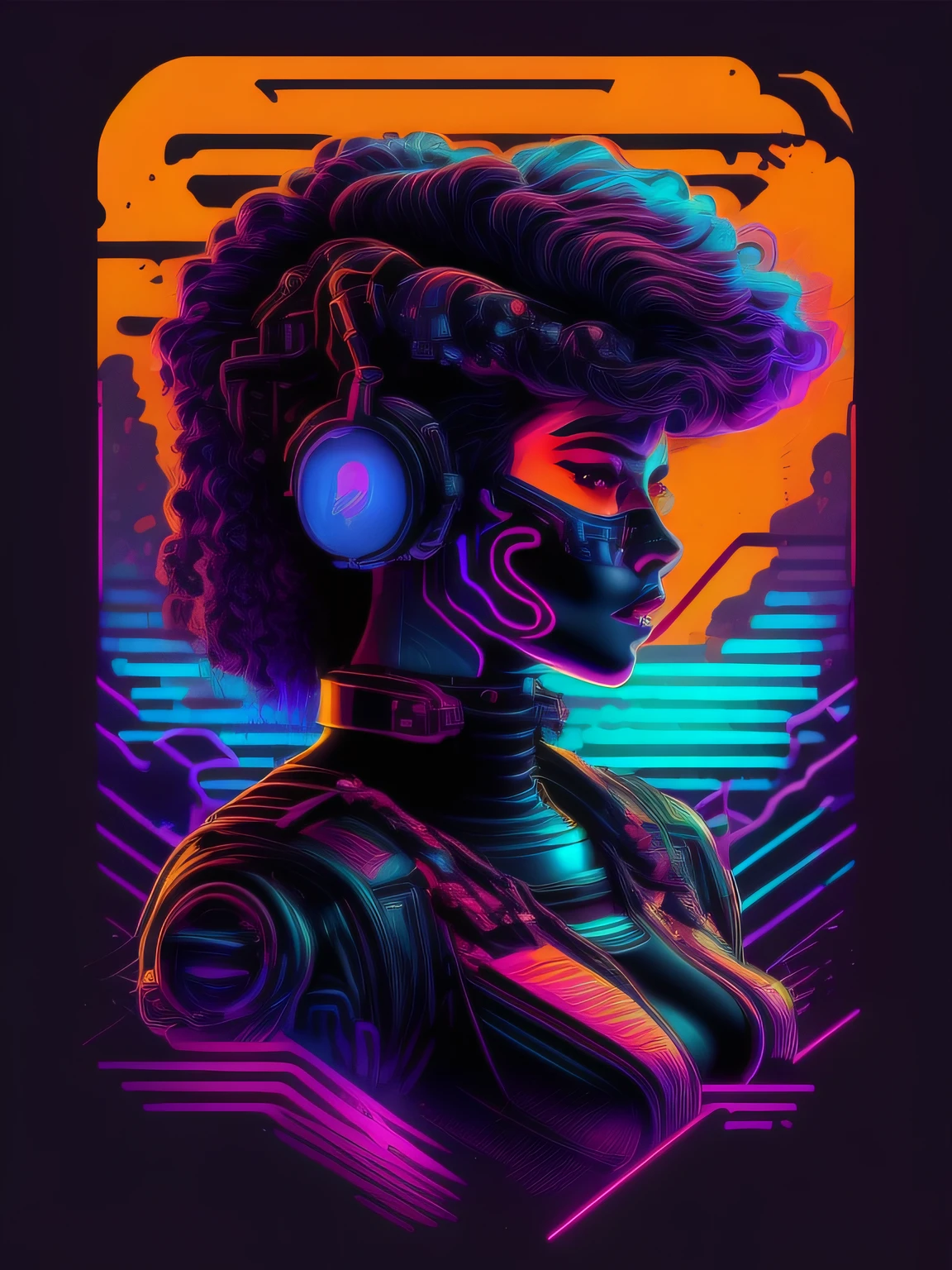 Hot Girl bot, carro, vetorizado, synthwave, roxo azul vermelho laranja, cores neon brilhantes em um fundo escuro,