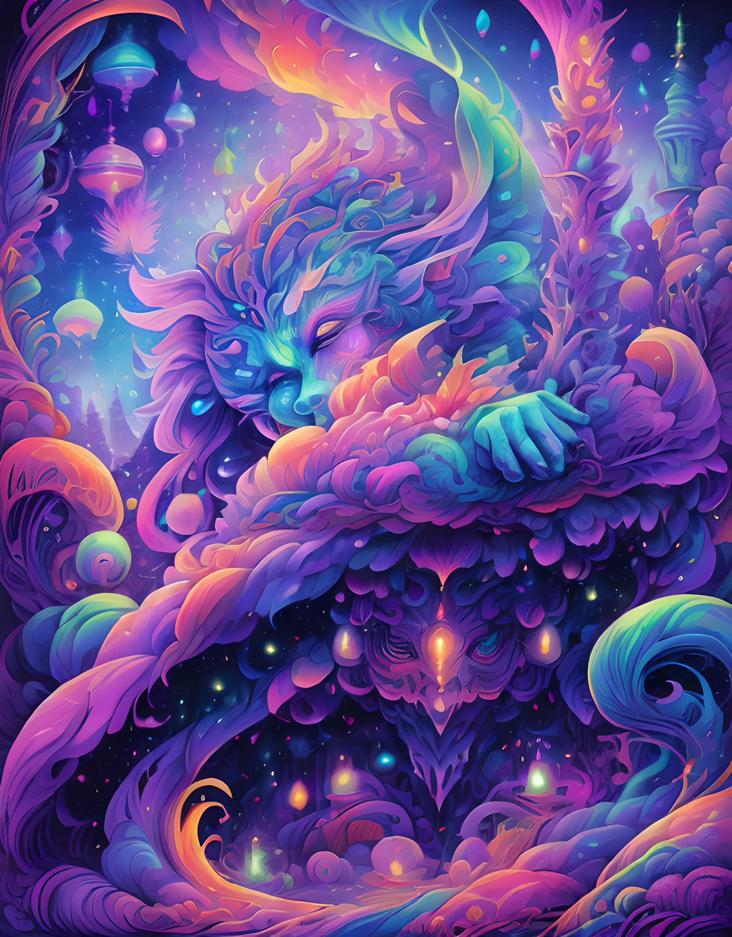masterpiece, beautiful psychedelic entropy,best surreal masterpiece, top quality, best quality, official art, beautiful and aesthetic:1.2) , green skin godess and god standing on top of a mountain top holding eachother ,whole body and legs,extreme detailed,colorful,highest detailed, official art, gold leaf ,glitter art ,unity 8k wallpaper, ultra detailed, beautiful and aesthetic, beautiful,fractal art, mystical and otherworldly, with intricate fur and piercing eyes, in the breathtaking mountain landscape of NCWinters ,alex grey ,psychedelic, dmt PsyAI