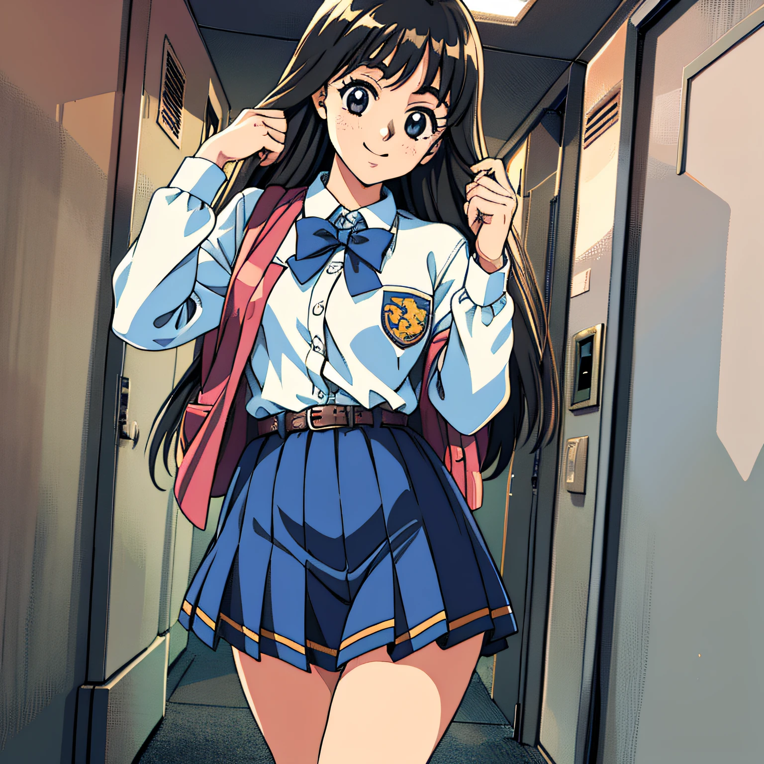 retro artstyle、dark-haired、school uniformss、Schools、school hallway、Slouched、looking at the viewers、A smile、school uniformss、One girl、Ecchi anime style